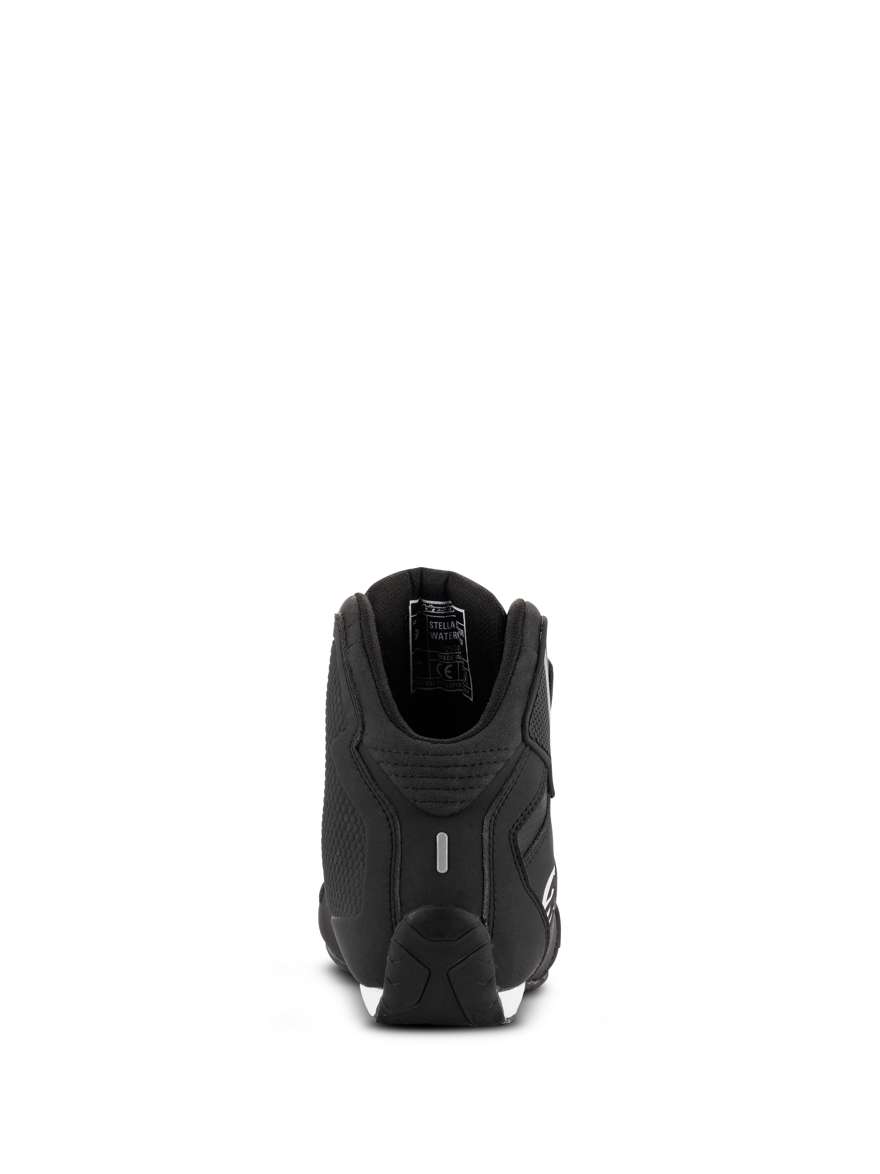 Scarpe da moto Alpinestars Stella Sektor Waterproof da donna, nero argento, vista posteriore con tallone rinforzato e dettaglio riflettente, tomaia in microfibra leggera con fodera in membrana impermeabile