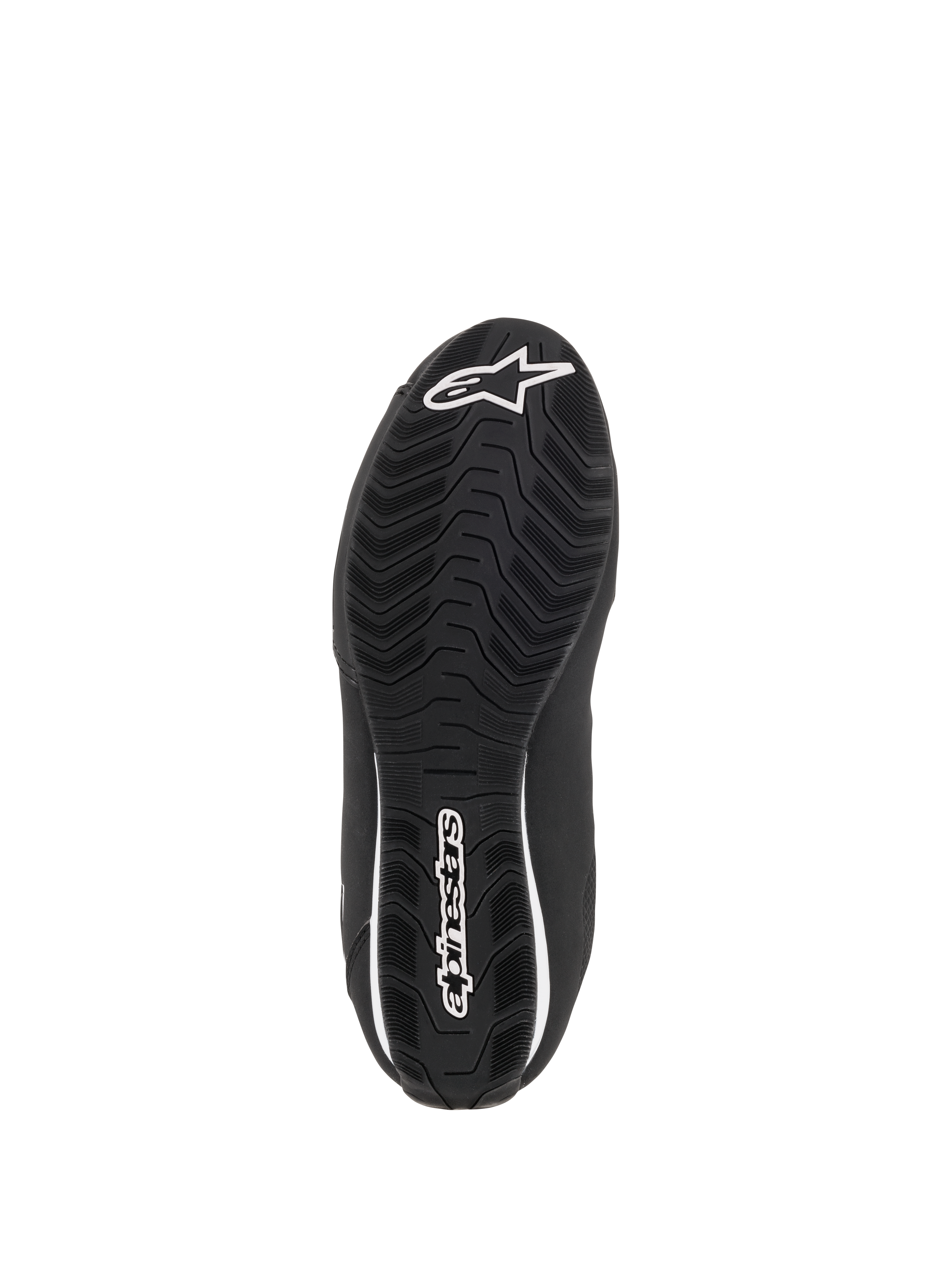 Alpinestars Stella Sektor Waterproof Shoes da donna, vista dal basso della suola in gomma nera, con motivo a onde testurizzato per il grip, logo a stella e marchio Alpinestars in bianco, progettata per la dispersione dell'acqua e l'aderenza.