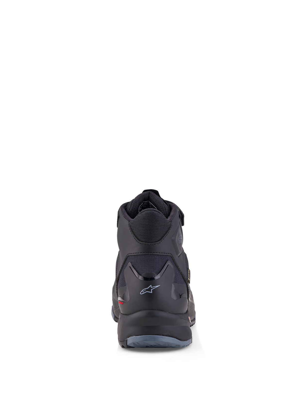 Alpinestars Cr X Gore Tex Scarpe, scarpe da moto impermeabili, vista posteriore in nero e grigio scuro, con membrana GORE-TEX e struttura protettiva sul tallone