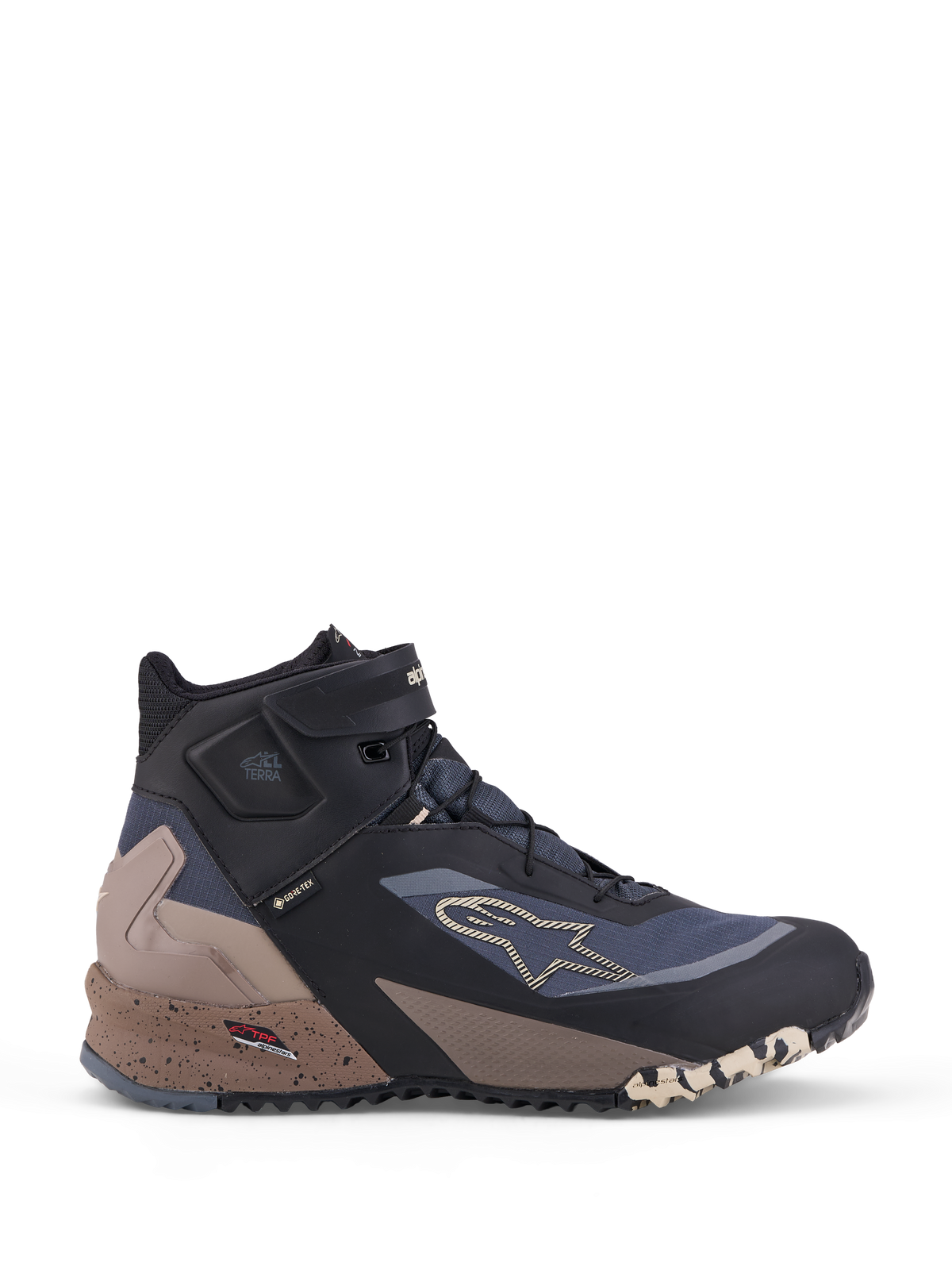 Alpinestars Cr X Gore Tex Scarpe, scarpe da moto high-top, nero, grigio scuro e beige, membrana impermeabile GORE-TEX, protezione TPF e allacciatura alta