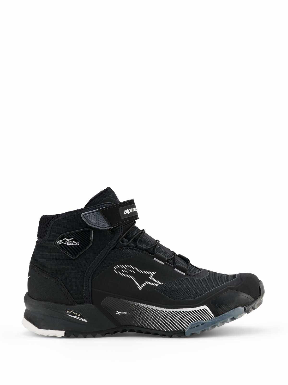 Alpinestars CR-X Women's Drystar Riding Shoes, sneaker da moto alte nere, vista laterale di calzature da moto urbane da donna con chiusura con lacci e cinturino in velcro alla caviglia, logo Alpinestars a stella bianco, marchi 'Drystar' e 'TPF' sull'intersuola, suola in gomma robusta con motivi bianchi e grigi.
