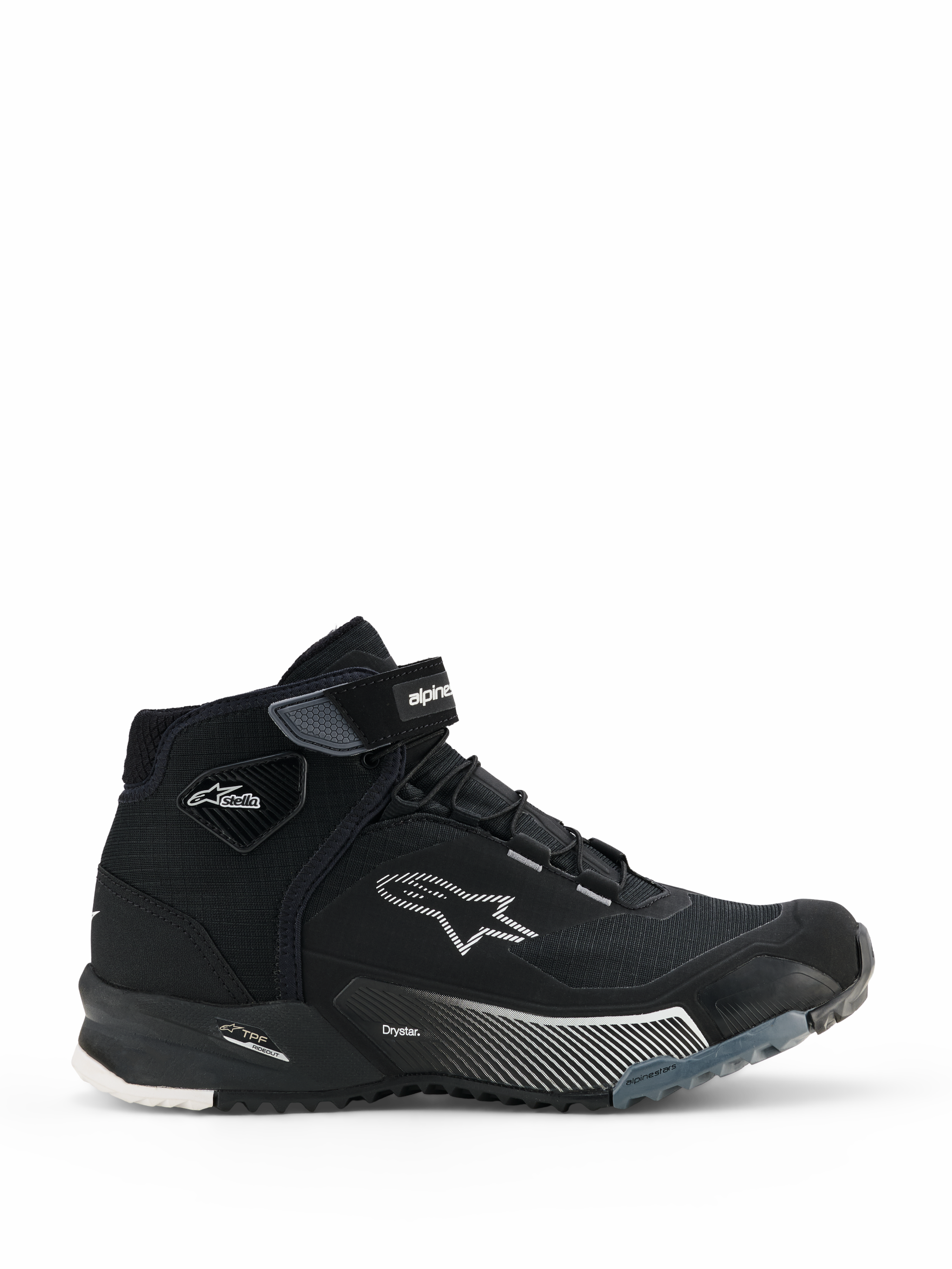Alpinestars CR-X Women's Drystar Riding Shoes, sneaker da moto alte nere, vista laterale di calzature da moto urbane da donna con chiusura con lacci e cinturino in velcro alla caviglia, logo Alpinestars a stella bianco, marchi 'Drystar' e 'TPF' sull'intersuola, suola in gomma robusta con motivi bianchi e grigi.