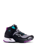 Alpinestars CR-X Women's Drystar® Riding Shoe, Nero Grigio Prugna Teal, scarpa da moto a profilo alto, logo Alpinestars bianco sul lato, suola e imbottitura del tallone viola, accenti teal sul cinturino alla caviglia e sui passanti dei lacci, design sportivo per touring e commuting