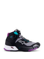 Alpinestars CR-X Women's Drystar® Riding Shoe, Nero Grigio Prugna Teal, scarpa da moto a profilo alto, logo Alpinestars bianco sul lato, suola e imbottitura del tallone viola, accenti teal sul cinturino alla caviglia e sui passanti dei lacci, design sportivo per touring e commuting