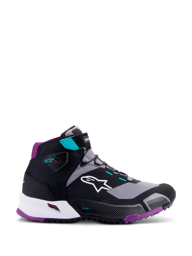Alpinestars CR-X Women's Drystar® Riding Shoe, Nero Grigio Prugna Teal, scarpa da moto a profilo alto, logo Alpinestars bianco sul lato, suola e imbottitura del tallone viola, accenti teal sul cinturino alla caviglia e sui passanti dei lacci, design sportivo per touring e commuting