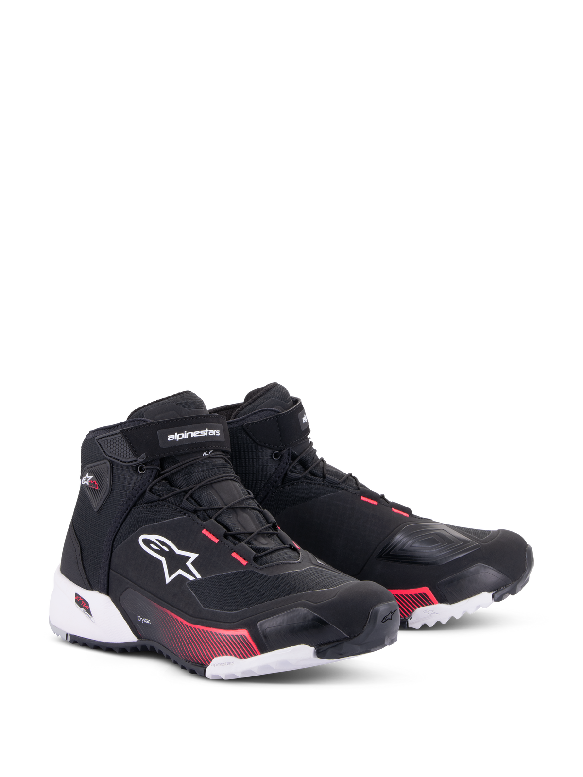 Alpinestars CR-X Women's Drystar®, scarpe da moto, nero, bianco e Diva Pink, vista frontale di tre quarti, tomaia in ripstop con logo Alpinestars bianco, accenti rosa sull'intersuola e sugli occhielli, design elegante e protettivo per il touring