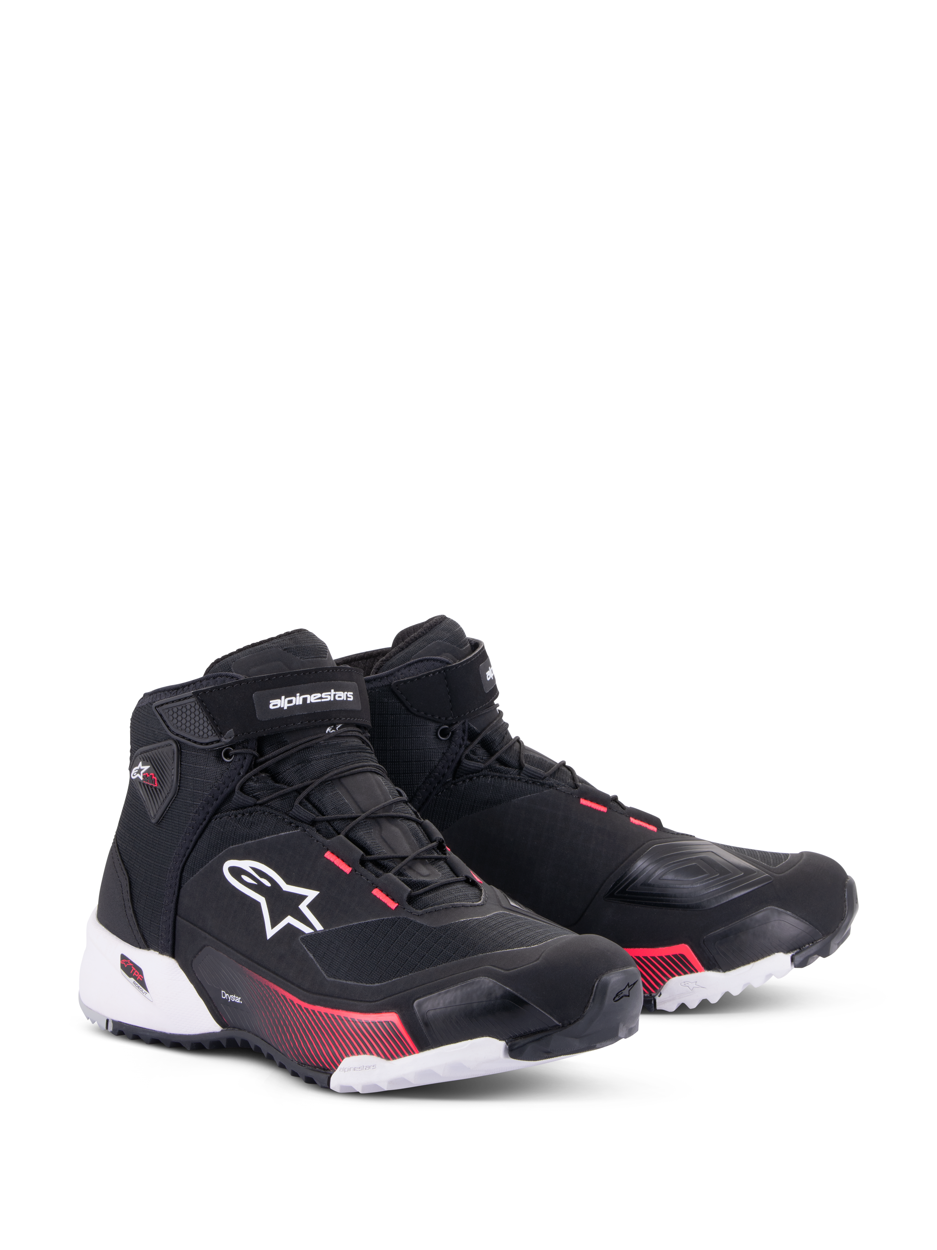 Alpinestars CR-X Women's Drystar®, scarpe da moto, nero, bianco e Diva Pink, vista frontale di tre quarti, tomaia in ripstop con logo Alpinestars bianco, accenti rosa sull'intersuola e sugli occhielli, design elegante e protettivo per il touring
