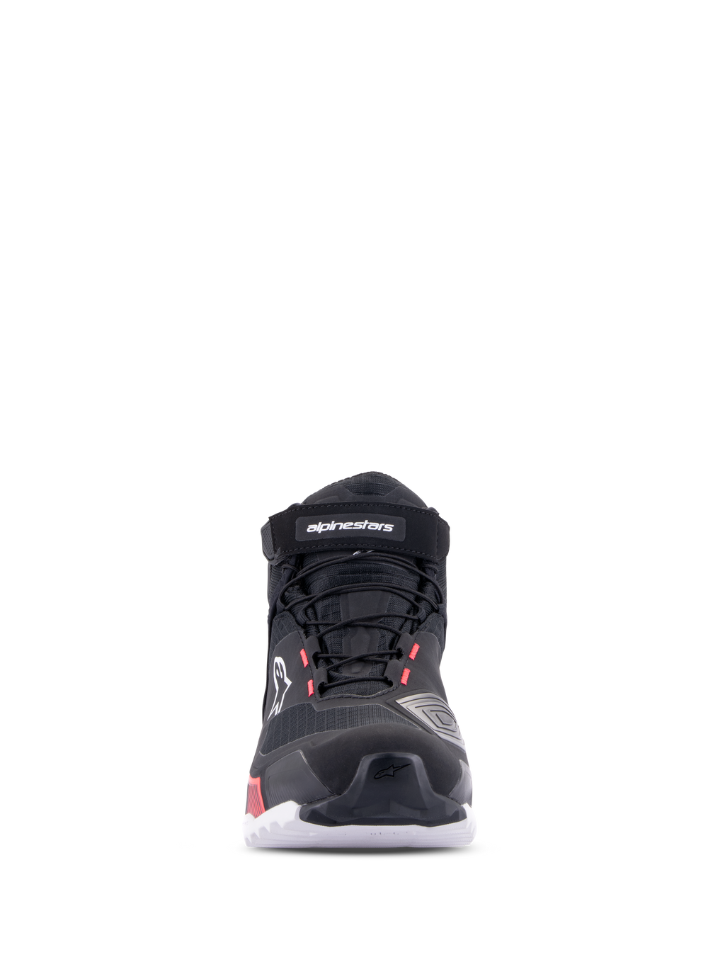 Alpinestars CR-X Women's Drystar® Riding Shoe, Nero Bianco Diva Pink, vista frontale, calzatura da moto impermeabile con tomaia in tessuto tecnico, lacci e cinturino in velcro sulla caviglia, con logo bianco e accenti diva pink.