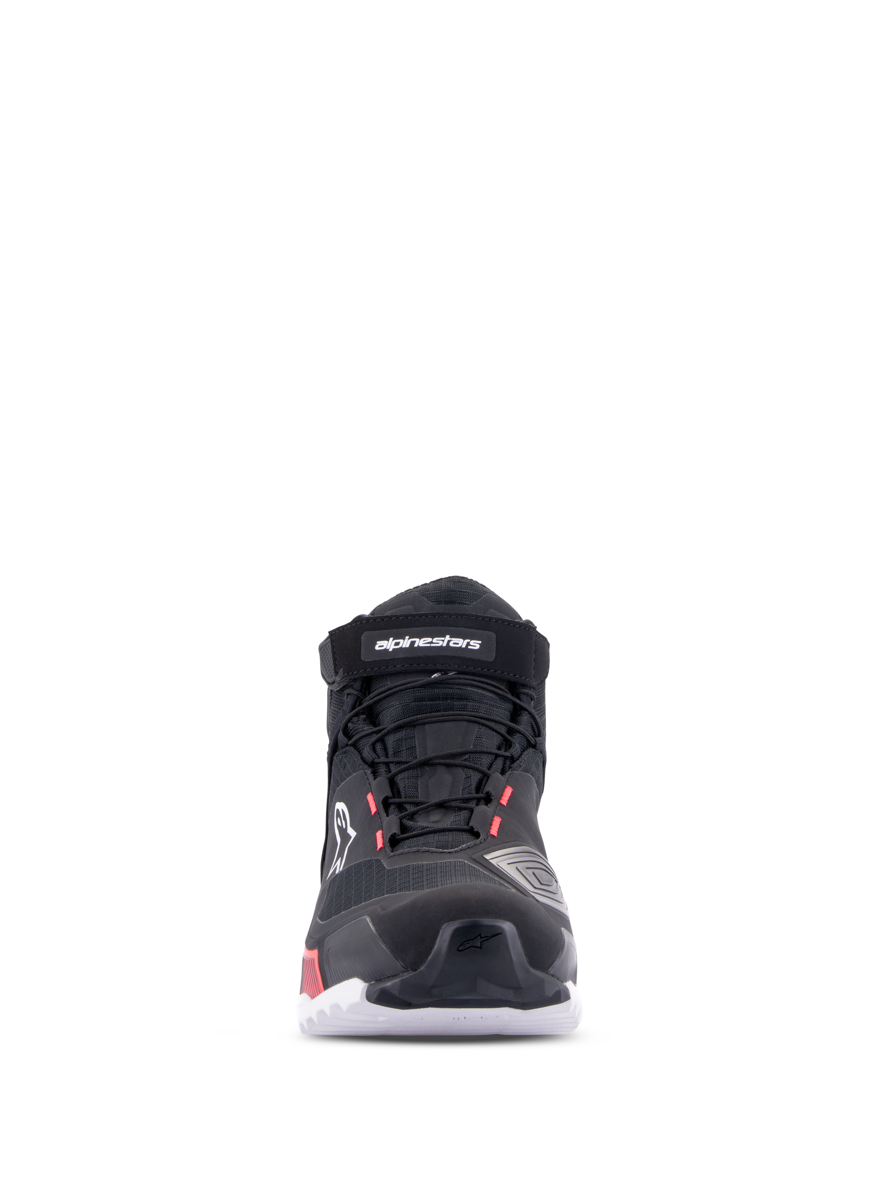Alpinestars CR-X Women's Drystar® Riding Shoe, Nero Bianco Diva Pink, vista frontale, calzatura da moto impermeabile con tomaia in tessuto tecnico, lacci e cinturino in velcro sulla caviglia, con logo bianco e accenti diva pink.