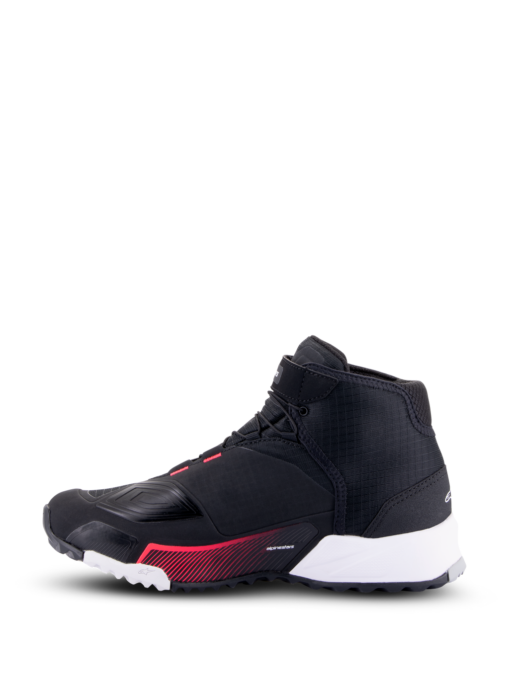 Alpinestars CR-X Women's Drystar® Riding Shoe, scarpa da moto, nero, bianco e Diva Pink, vista laterale del profilo con tomaia in ripstop nero, sezione del tallone bianca e accenti grafici rosa, stile urbano con caratteristiche protettive