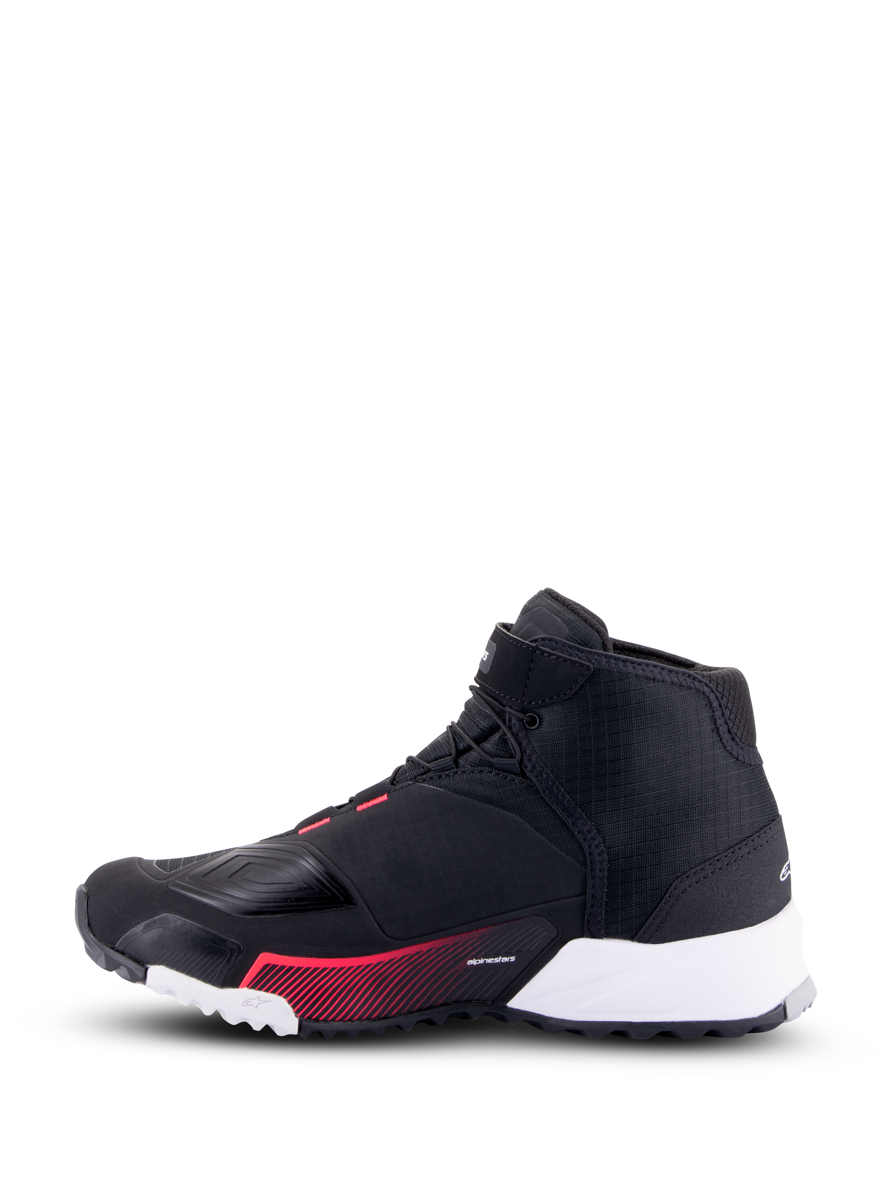 Alpinestars CR-X Women's Drystar® Riding Shoe, scarpa da moto, nero, bianco e Diva Pink, vista laterale del profilo con tomaia in ripstop nero, sezione del tallone bianca e accenti grafici rosa, stile urbano con caratteristiche protettive