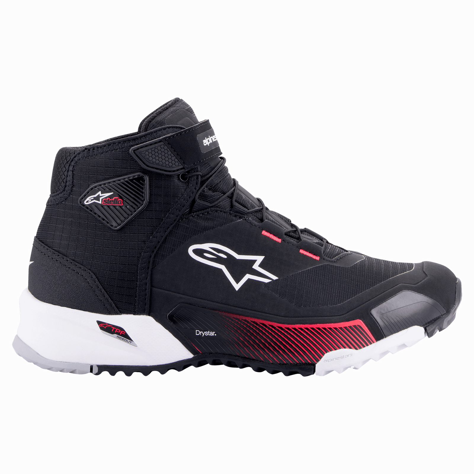 Scarpa da moto Alpinestars CR-X Women's Drystar®, Nero Bianco Diva Pink, profilo laterale di una scarpa da moto leggera con tomaia in tessuto impermeabile, logo Alpinestars bianco e vivaci accenti rosa sull'intersuola e sugli occhielli dei lacci.