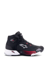 Scarpa da moto Alpinestars CR-X Women's Drystar®, nero, bianco e rosa diva, vista di profilo con logo Alpinestars bianco, dettagli rosa sfumati sull'intersuola e marchio Stella sulla caviglia, design impermeabile elegante in stile sneaker.