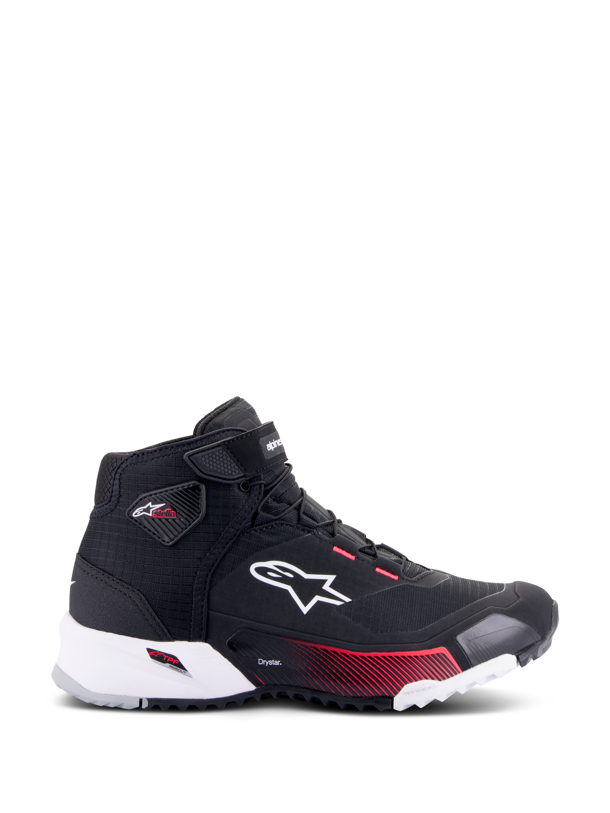 Scarpa da moto Alpinestars CR-X Women's Drystar®, nero, bianco e rosa diva, vista di profilo con logo Alpinestars bianco, dettagli rosa sfumati sull'intersuola e marchio Stella sulla caviglia, design impermeabile elegante in stile sneaker.