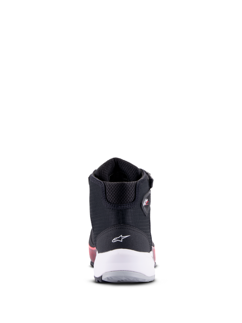 Alpinestars CR-X Women's Drystar Riding Shoe, nero, bianco e rosa Diva, vista posteriore con supporto del tallone bianco e logo a stella, calzatura tecnica da moto con accenti rosa sulla suola