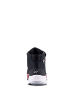 Alpinestars CR-X Women's Drystar Riding Shoe, nero, bianco e rosa Diva, vista posteriore con supporto del tallone bianco e logo a stella, calzatura tecnica da moto con accenti rosa sulla suola