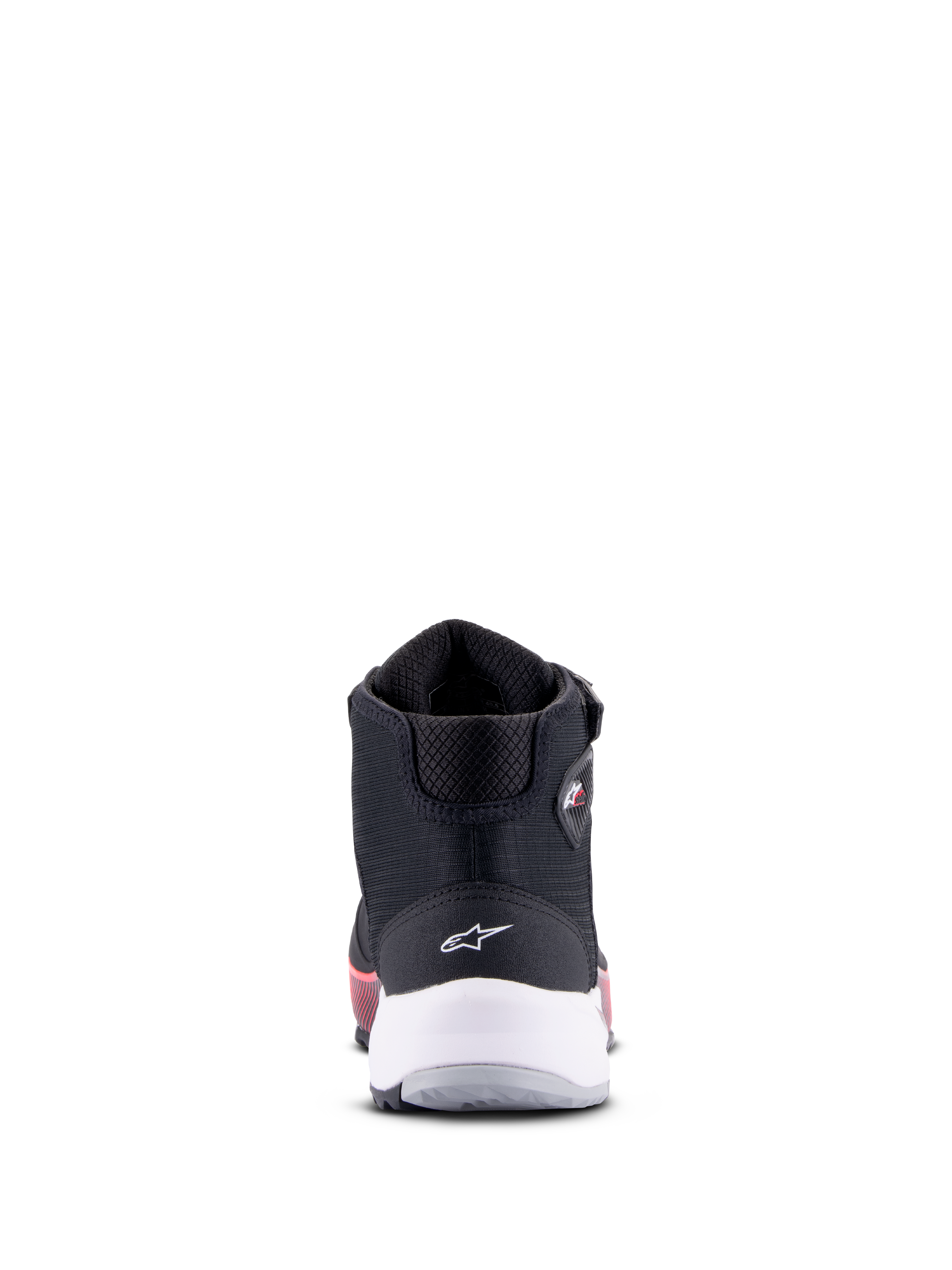 Alpinestars CR-X Women's Drystar Riding Shoe, nero, bianco e rosa Diva, vista posteriore con supporto del tallone bianco e logo a stella, calzatura tecnica da moto con accenti rosa sulla suola