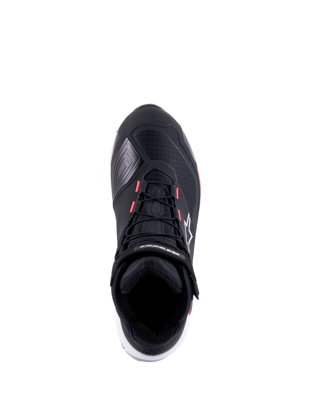 Scarpa da moto Alpinestars CR-X Women's Drystar, nero, bianco e Diva Pink, vista dall'alto con tomaia tecnica in ripstop, accenti rosa sugli occhielli dei lacci e marchio Alpinestars sul cinturino alla caviglia e sul lato.