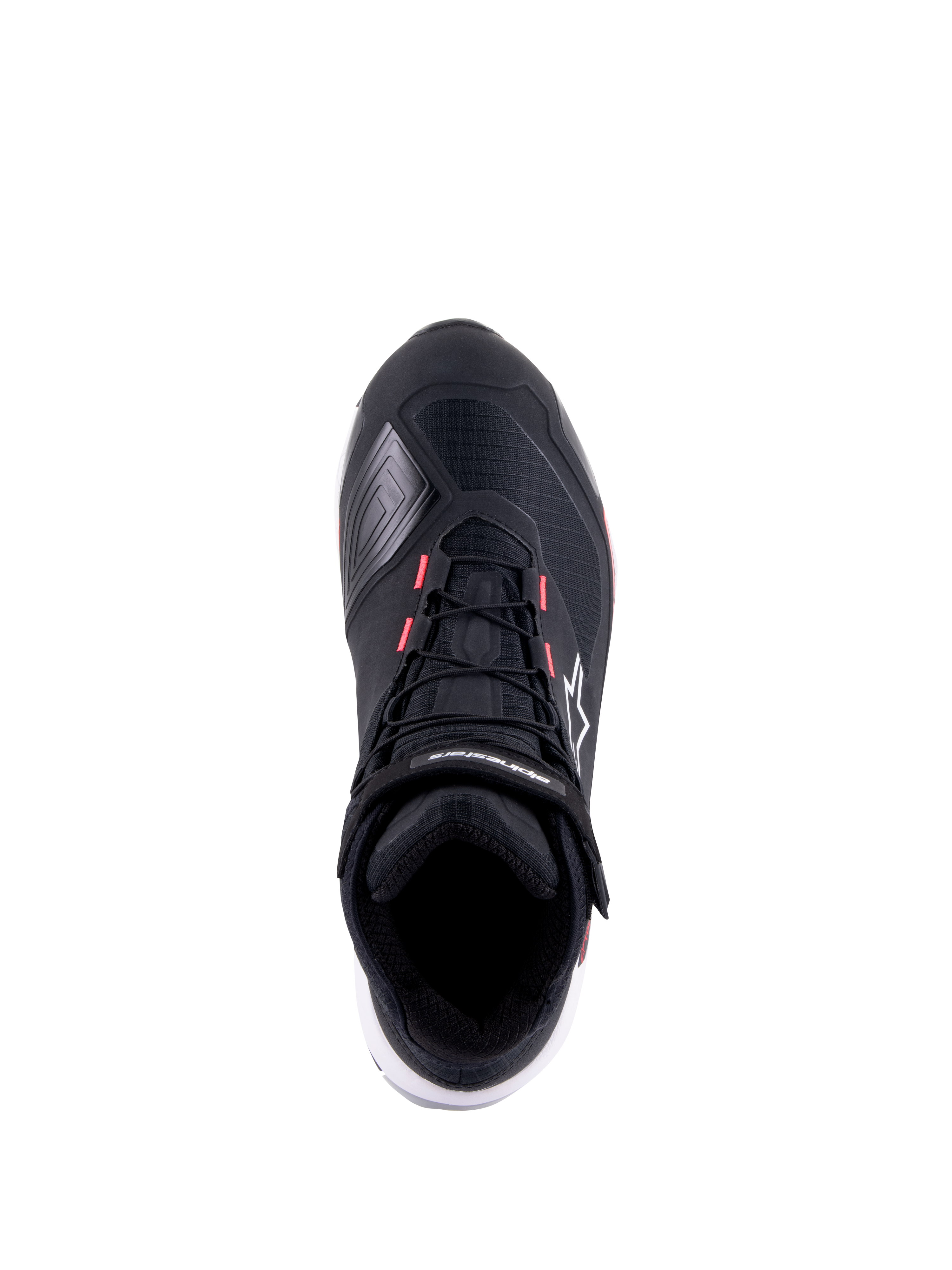 Scarpa da moto Alpinestars CR-X Women's Drystar, nero, bianco e Diva Pink, vista dall'alto con tomaia tecnica in ripstop, accenti rosa sugli occhielli dei lacci e marchio Alpinestars sul cinturino alla caviglia e sul lato.