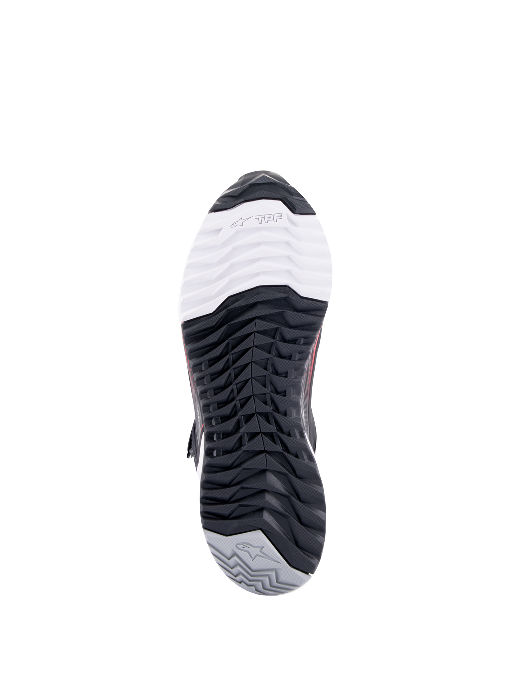 Alpinestars CR-X Women's Drystar® Riding Shoe, scarpa da moto, vista dal basso della suola, con logo TPF Transversal Protection Frame sulla punta bianca, battistrada nero multidirezionale e tallone grigio con logo a stella