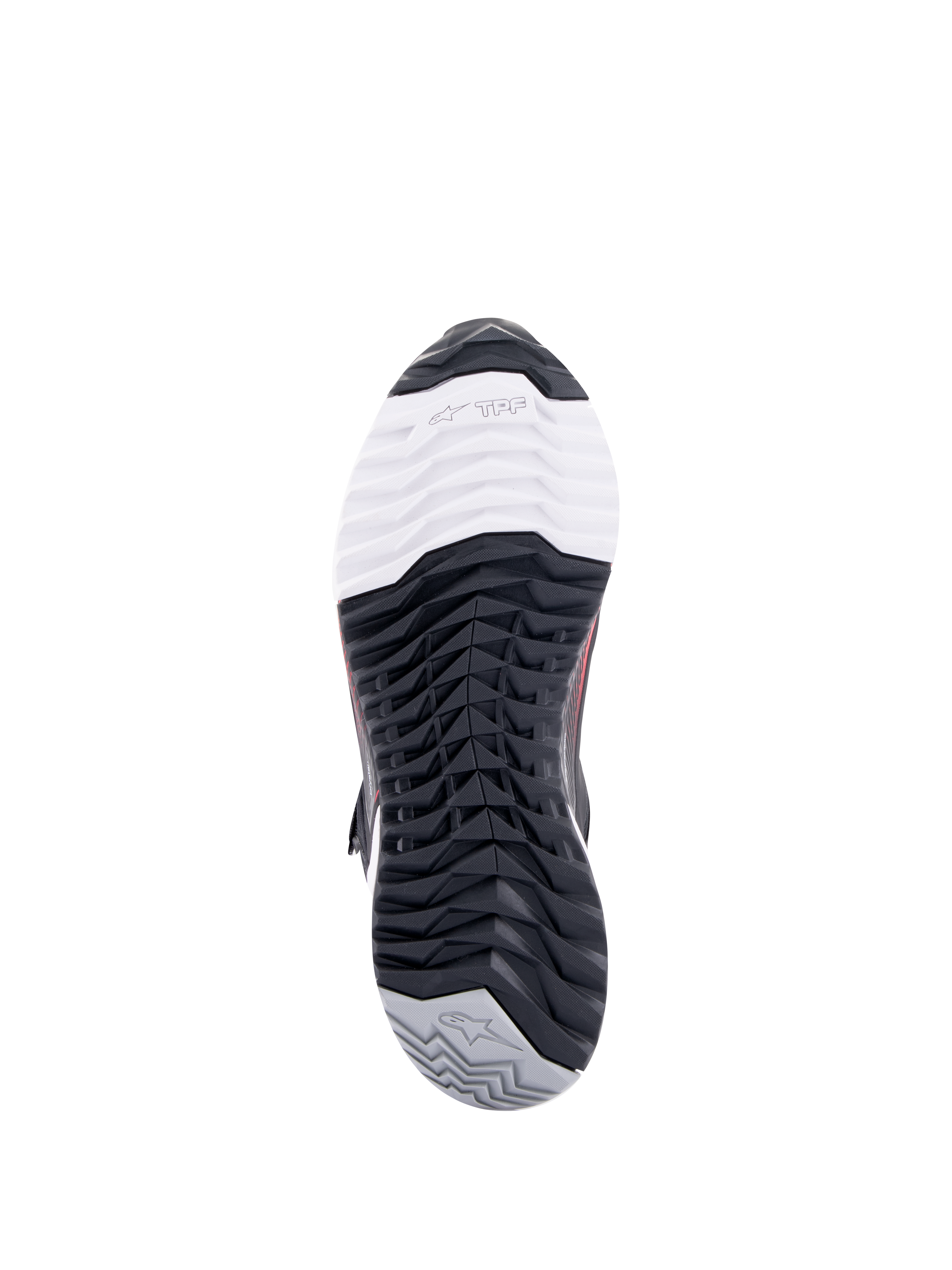Alpinestars CR-X Women's Drystar® Riding Shoe, scarpa da moto, vista dal basso della suola, con logo TPF Transversal Protection Frame sulla punta bianca, battistrada nero multidirezionale e tallone grigio con logo a stella
