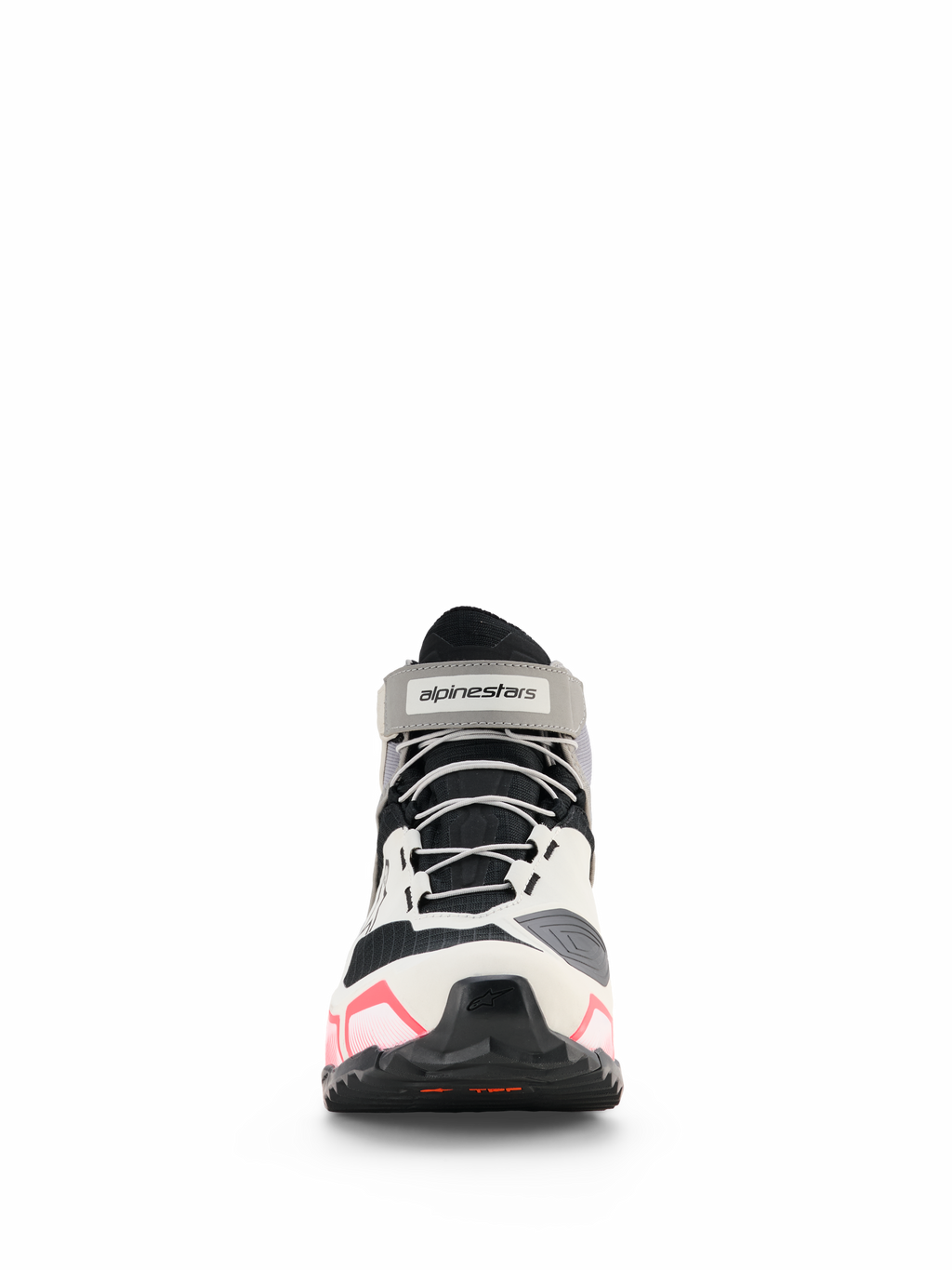 Alpinestars CR-X Women's Drystar® Riding Shoes, scarpe da moto da donna, bianco, grigio medio, nero e rosa Diva, vista frontale con lacci grigi e cinturino alla caviglia logato, design stile sportivo con accenti rosa sulla suola, calzature da moto impermeabili
