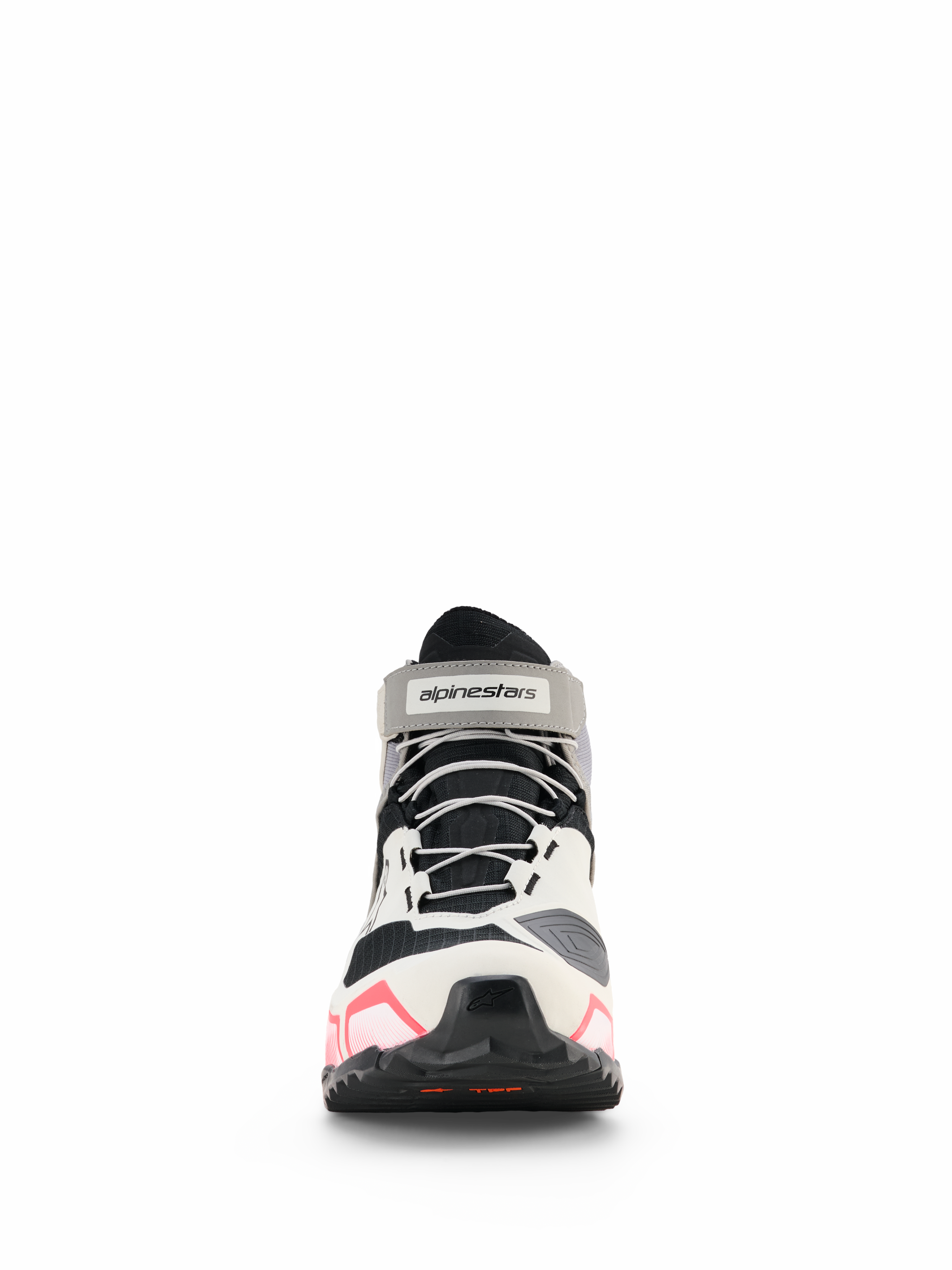 Alpinestars CR-X Women's Drystar® Riding Shoes, scarpe da moto da donna, bianco, grigio medio, nero e rosa Diva, vista frontale con lacci grigi e cinturino alla caviglia logato, design stile sportivo con accenti rosa sulla suola, calzature da moto impermeabili