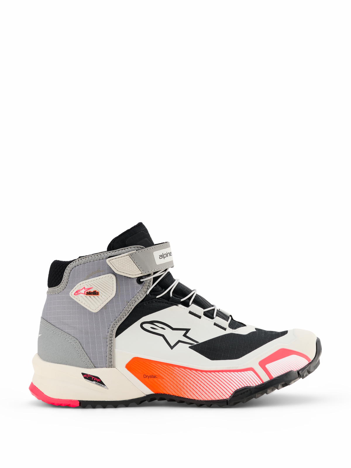 Alpinestars CR-X Women's Drystar Riding Shoes, sneaker da moto mid-top in bianco, grigio medio, nero e rosa Diva, vista laterale con cinturino alla caviglia, suola con grip testurizzato e design sportivo per il commuting urbano.