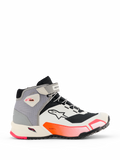 Alpinestars CR-X Women's Drystar Riding Shoes, sneaker da moto mid-top in bianco, grigio medio, nero e rosa Diva, vista laterale con cinturino alla caviglia, suola con grip testurizzato e design sportivo per il commuting urbano.