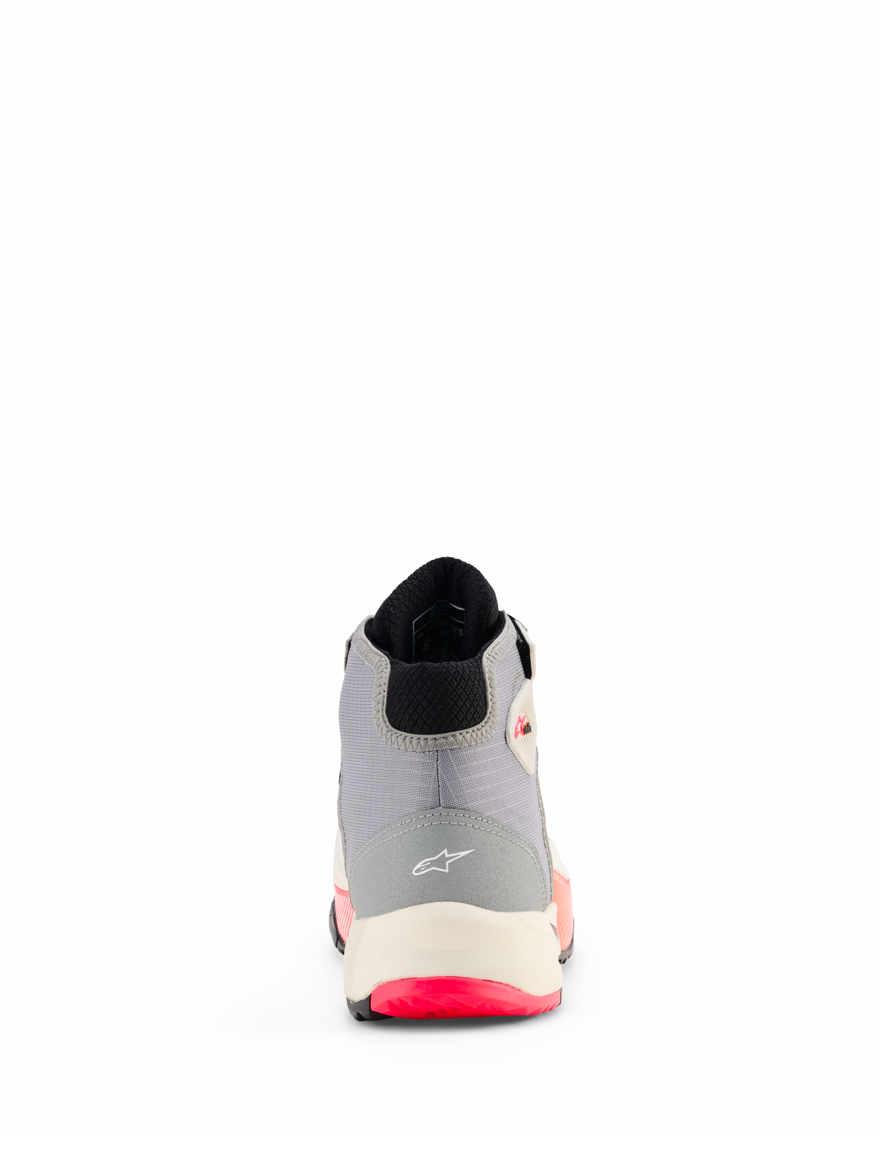 Alpinestars CR-X Women's Drystar® Riding Shoes, scarpe da moto, bianco, grigio medio, nero e rosa diva, vista posteriore che mostra la struttura del tallone con logo Alpinestars, intersuola bianca e dettagli della suola rosa acceso