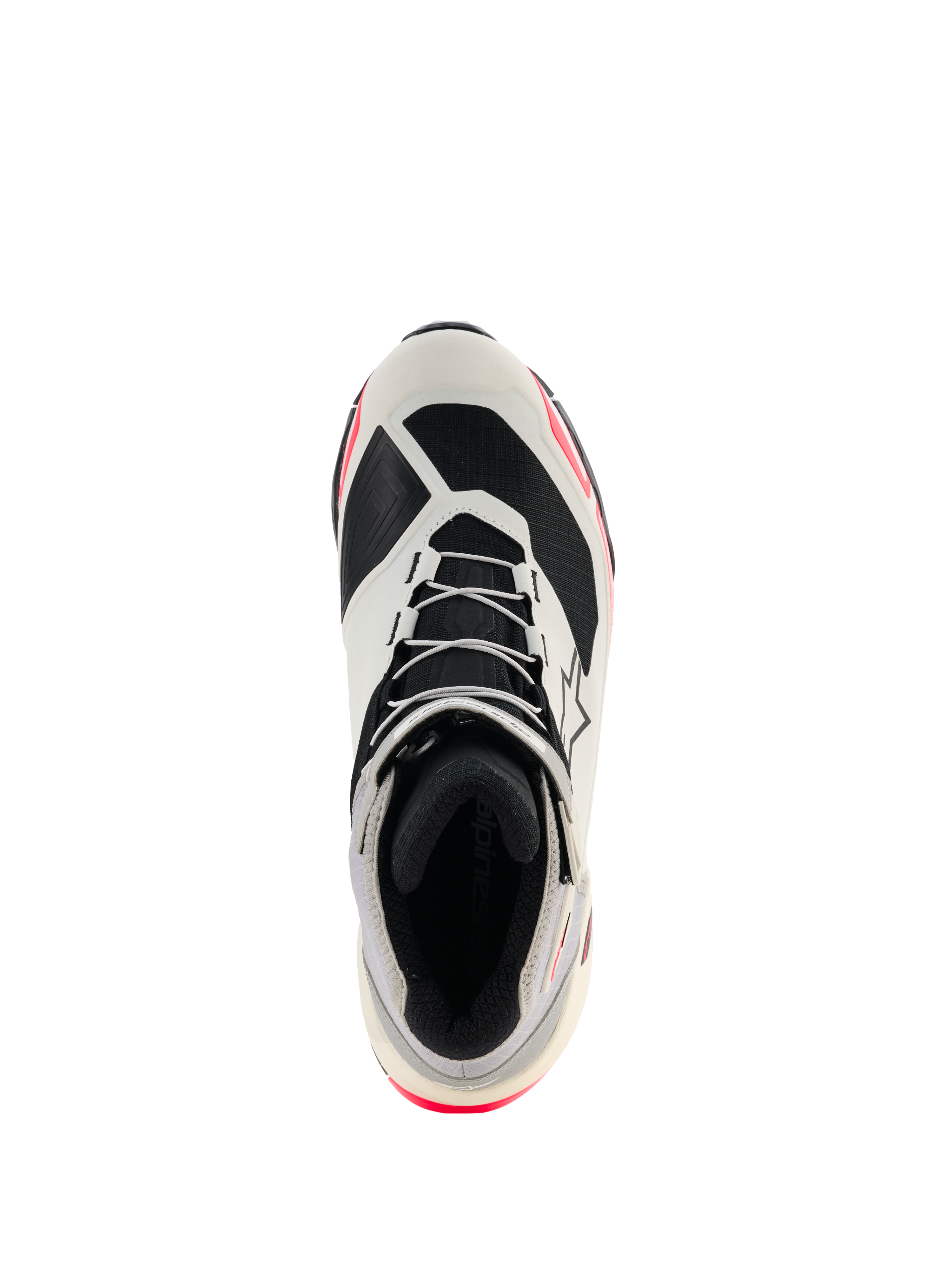 Scarpe da moto donna Alpinestars CR-X Drystar®, Bianco, Grigio Medio, Nero e Diva Pink, vista dall'alto che mette in risalto l'allacciatura e la fodera interna, design ispirato alle scarpe da corsa con accenti rosa, calzature da moto impermeabili