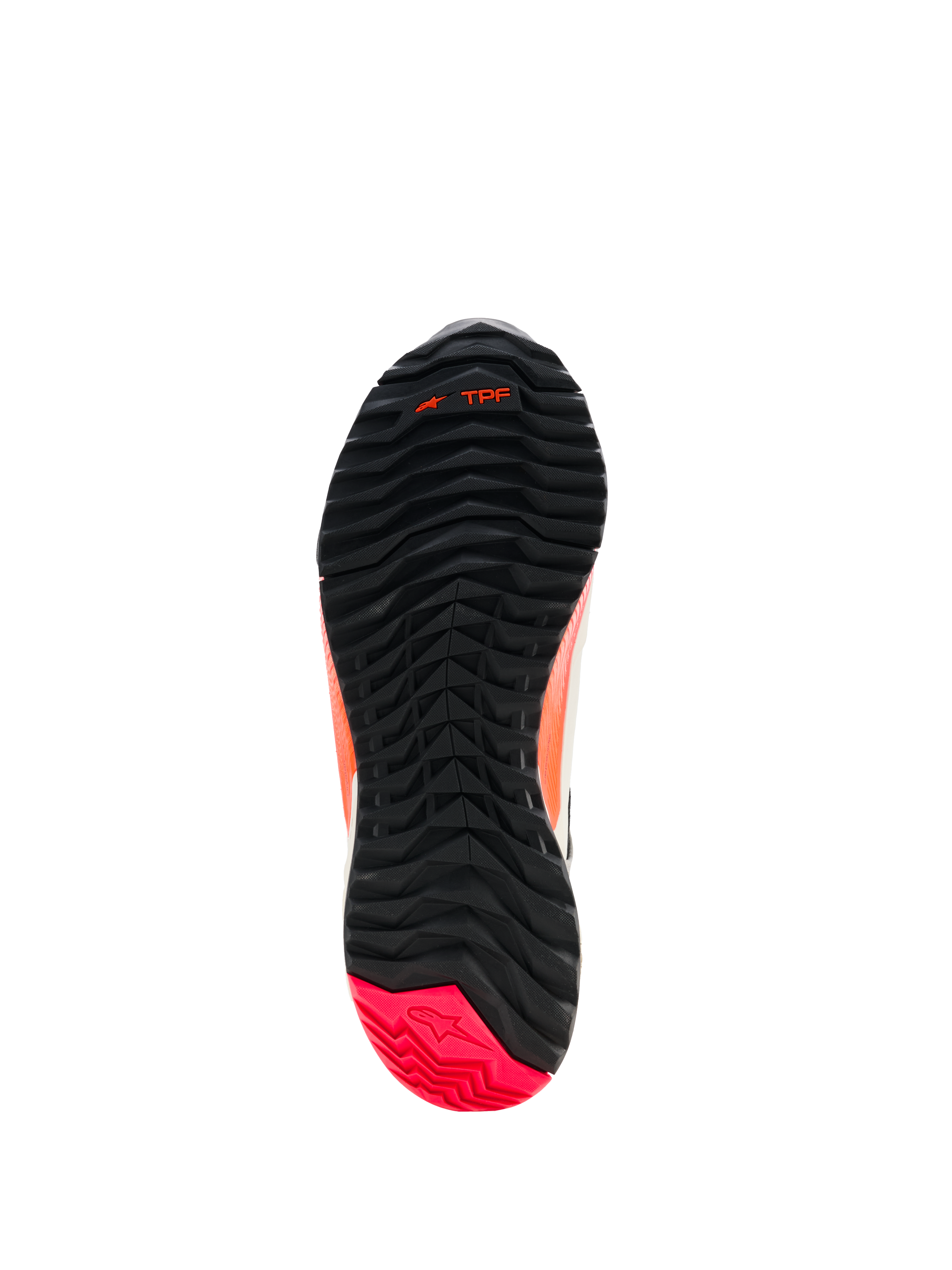Scarpe da moto Alpinestars CR-X Women's Drystar®, vista della suola, nero con tallone Diva Pink, battistrada robusto con configurazione asimmetrica dei tacchetti, scanalature di flessione dell'avampiede e marchio TPF