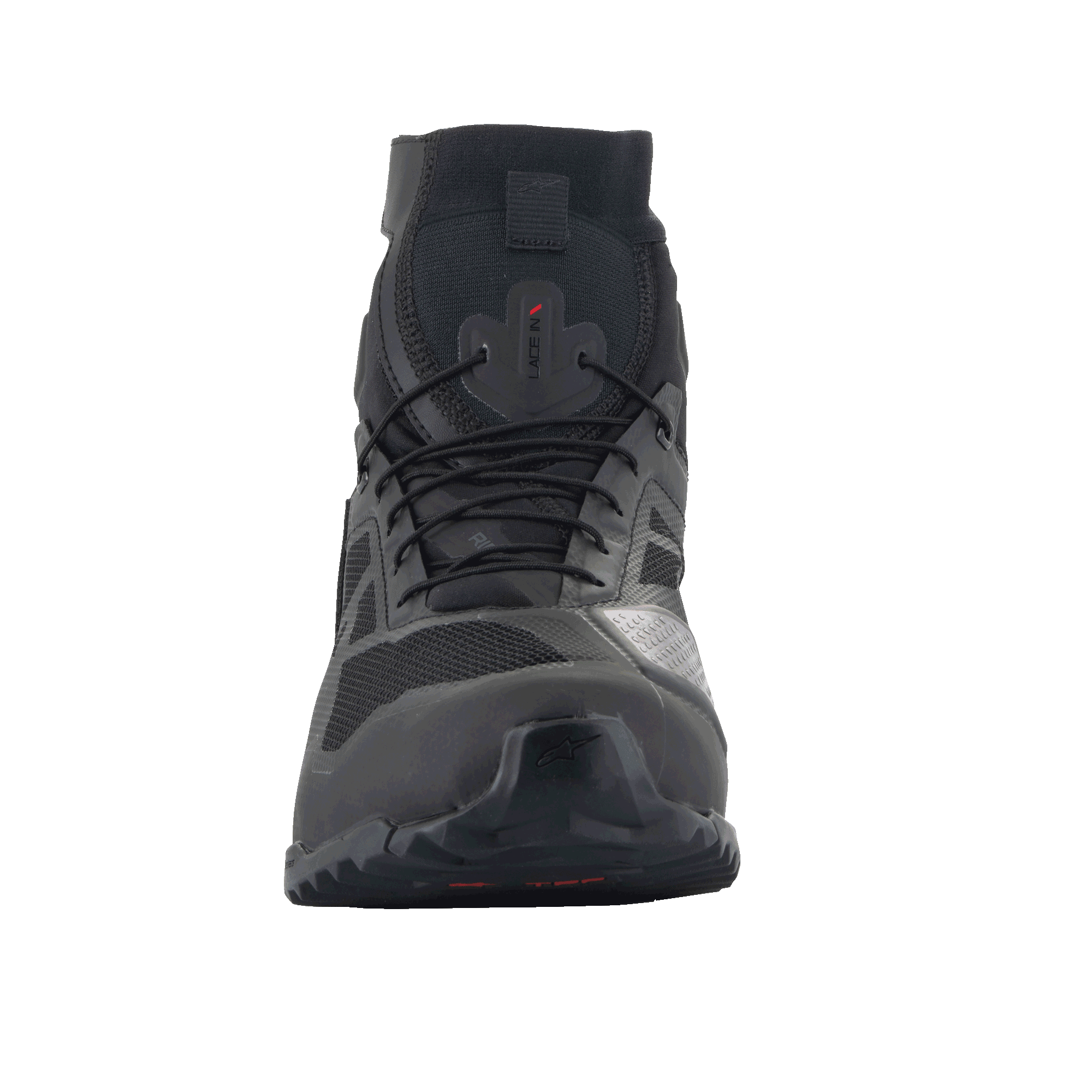 Alpinestars CR-1 Shoes, Motorcycle Riding Shoes, Black and Dark Gray, front-facing view showing breathable 3D mesh and microfiber construction, lace-up design with a sleek athletic profile