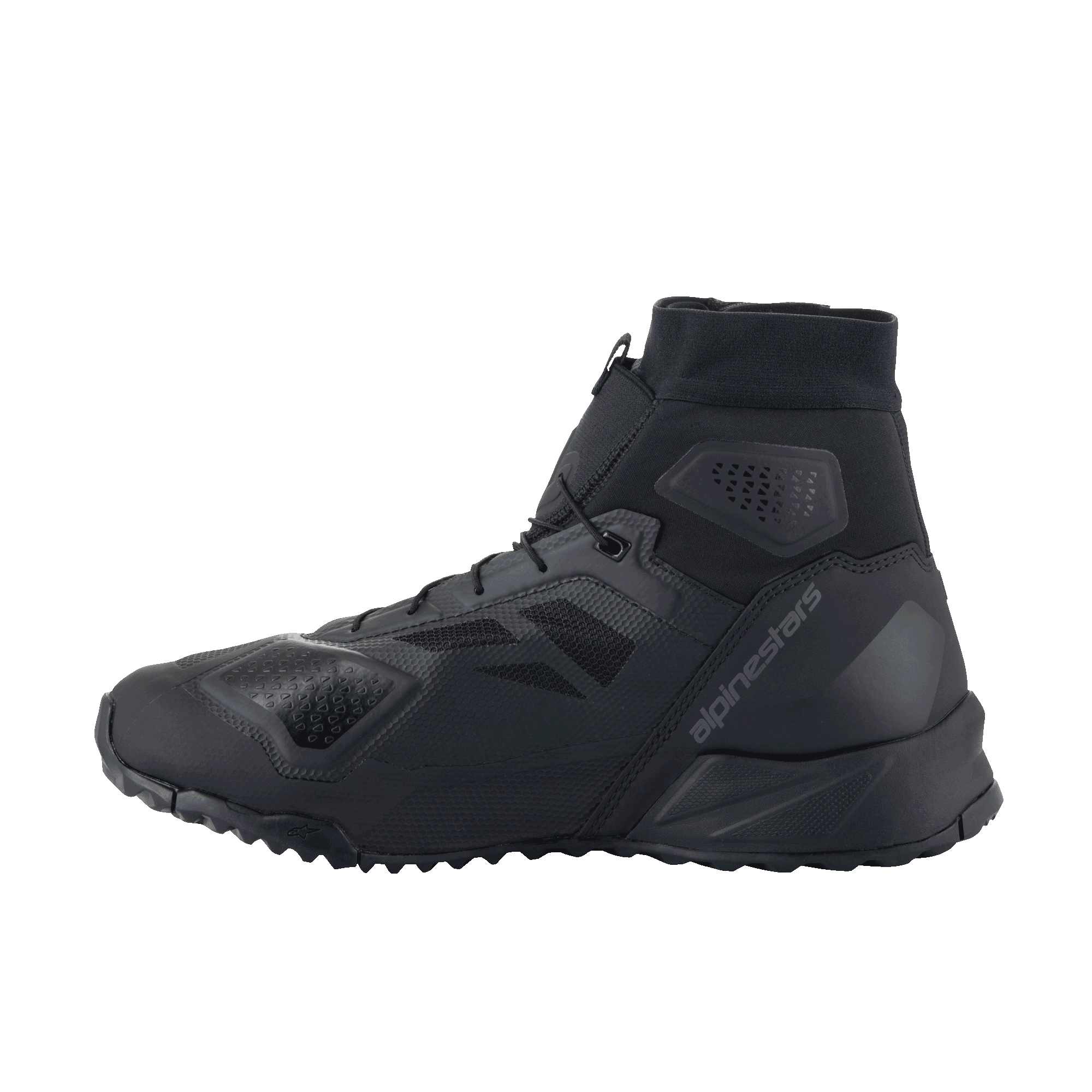 Alpinestars CR-1 Shoes, Motorcycle Riding Shoes, Black and Dark Gray, side profile view featuring 3D mesh and microfiber construction, integrated ankle collar, and Alpinestars branding on the side.