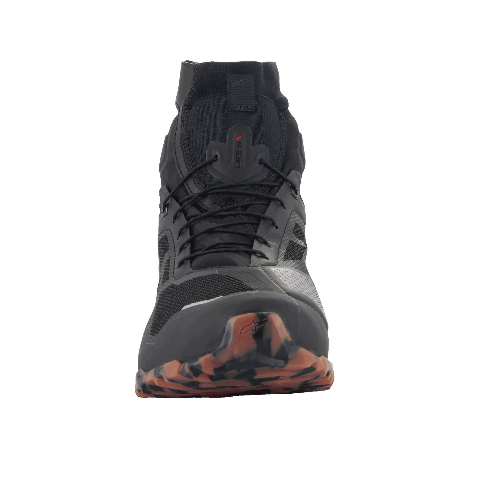 Alpinestars CR-1 Shoes, Motorcycle Riding Shoes, Black and Light Brown, front view, breathable 3D mesh and microfiber upper, patterned brown sole at the toe, technical footwear for touring and sport riding
