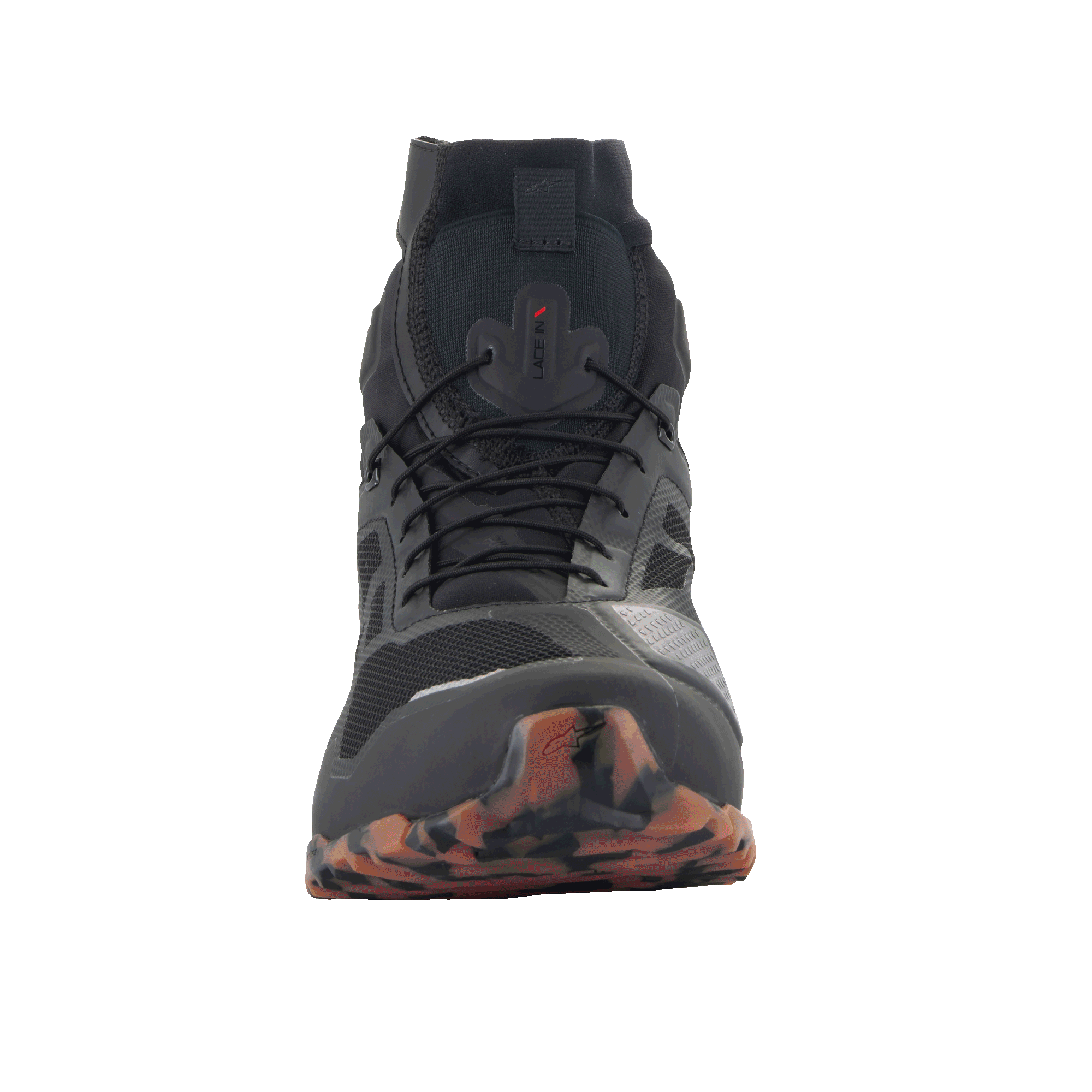 Alpinestars CR-1 Shoes, Motorcycle Riding Shoes, Black and Light Brown, front view, breathable 3D mesh and microfiber upper, patterned brown sole at the toe, technical footwear for touring and sport riding