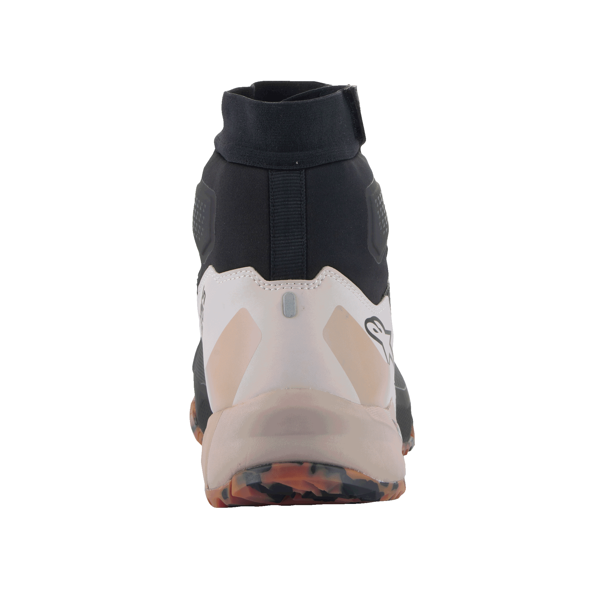 Alpinestars CR-1 Shoes, Motorcycle Riding Shoes, Black and Light Brown, rear view showing the heel and ankle construction, black technical textile upper with light tan heel reinforcement, marbled orange and black outsole, sporty design for warm weather riding