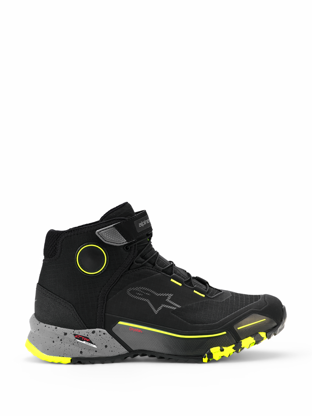 Alpinestars CR-X Drystar Riding Shoes, sneaker urbane da moto alte, nere con intersuola grigio scuro puntinata e accenti giallo fluo, membrana impermeabile Drystar, suola robusta testurizzata, calzature protettive casual per la guida