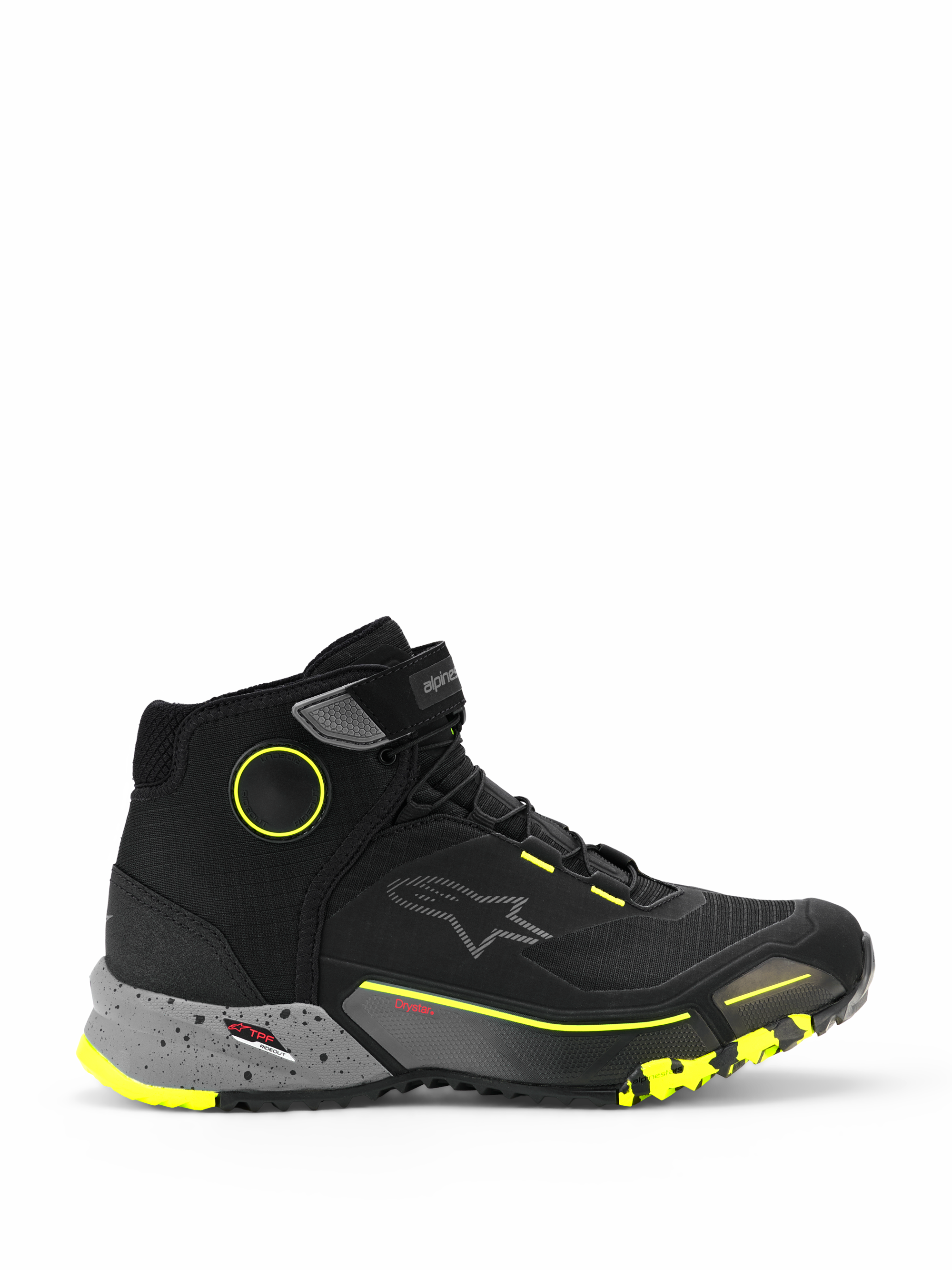 Alpinestars CR-X Drystar Riding Shoes, sneaker urbane da moto alte, nere con intersuola grigio scuro puntinata e accenti giallo fluo, membrana impermeabile Drystar, suola robusta testurizzata, calzature protettive casual per la guida