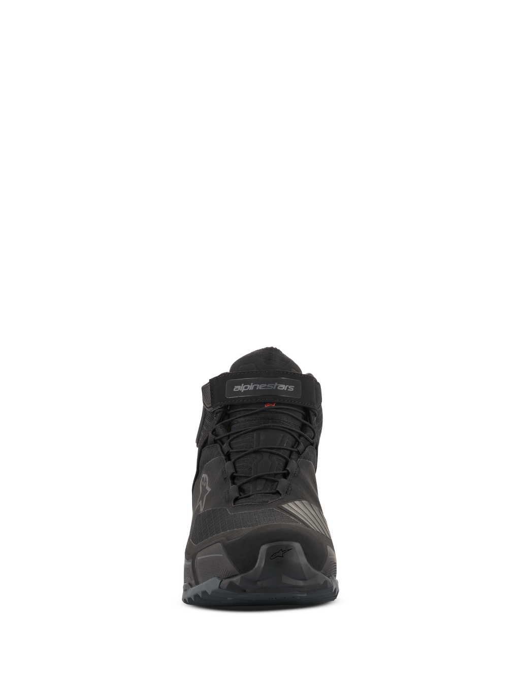 Scarpe da moto Alpinestars CR-X Drystar®, vista frontale, nero, calzature da moto impermeabili con lacci e cinturino in velcro sulla caviglia, design ispirato alle scarpe da running