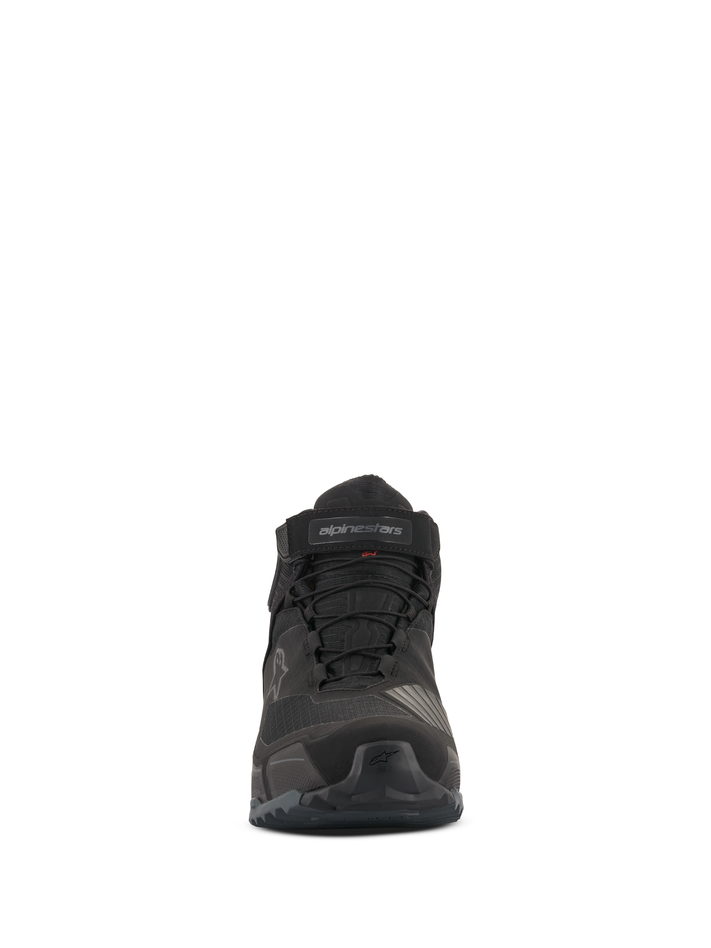 Scarpe da moto Alpinestars CR-X Drystar®, vista frontale, nero, calzature da moto impermeabili con lacci e cinturino in velcro sulla caviglia, design ispirato alle scarpe da running