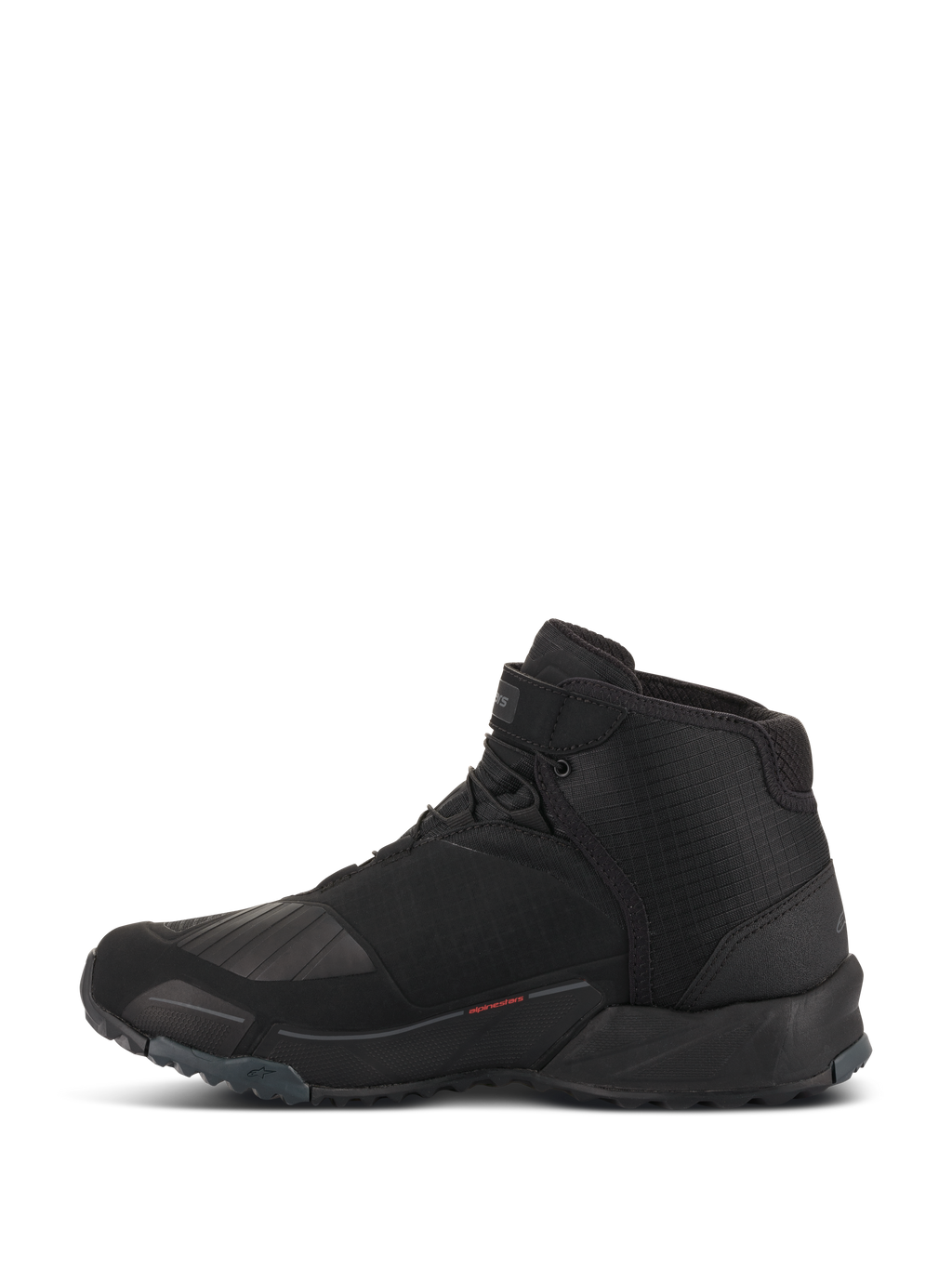 Scarpe da moto Alpinestars CR-X Drystar, scarpe da moto, nero, vista laterale del profilo, design alto con silhouette da scarpa da running, dotate di zona del cambio in TPU rinforzato, suola tassellata per il grip e costruzione impermeabile per guida urbana e stradale.