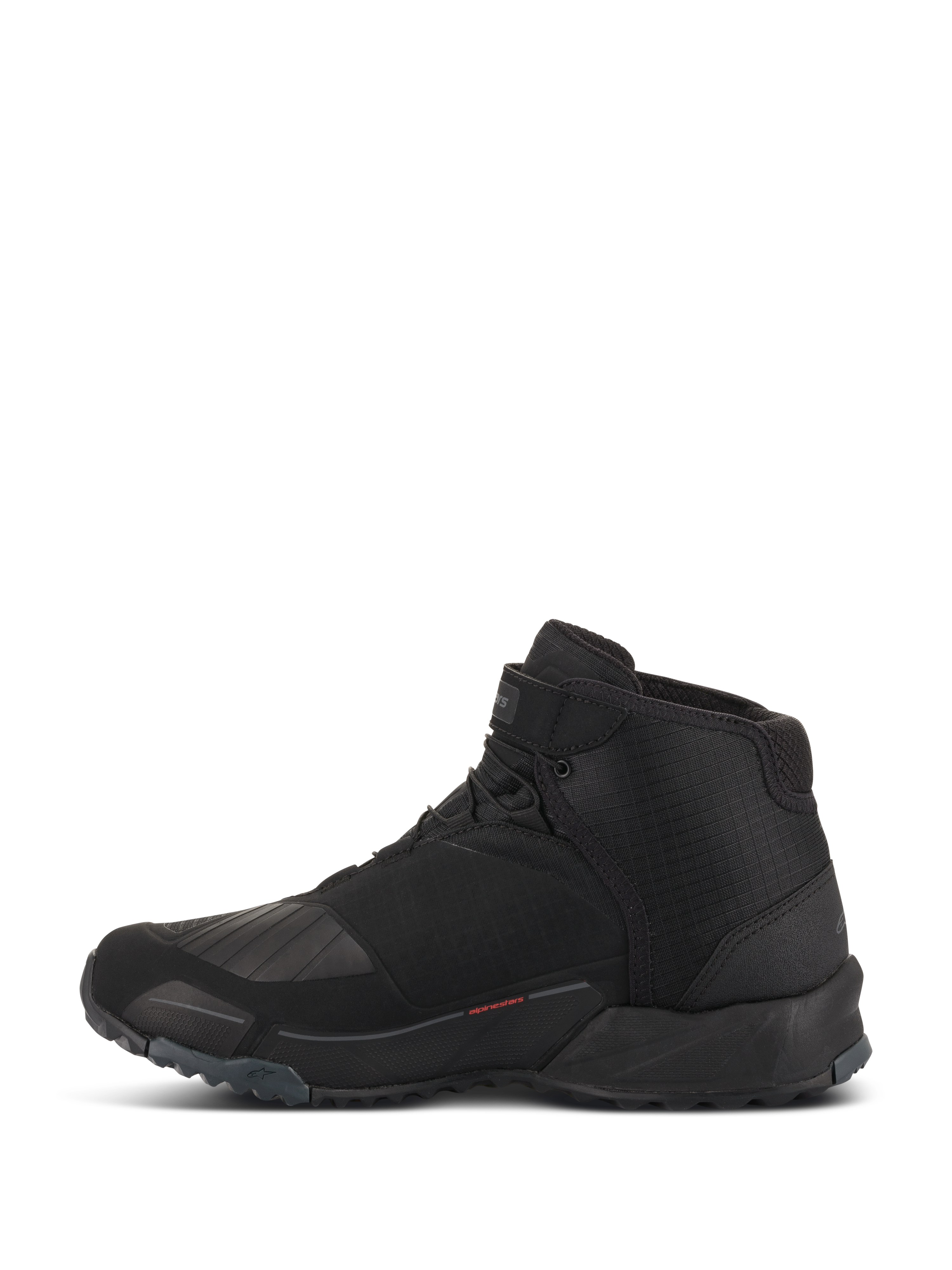 Scarpe da moto Alpinestars CR-X Drystar, scarpe da moto, nero, vista laterale del profilo, design alto con silhouette da scarpa da running, dotate di zona del cambio in TPU rinforzato, suola tassellata per il grip e costruzione impermeabile per guida urbana e stradale.