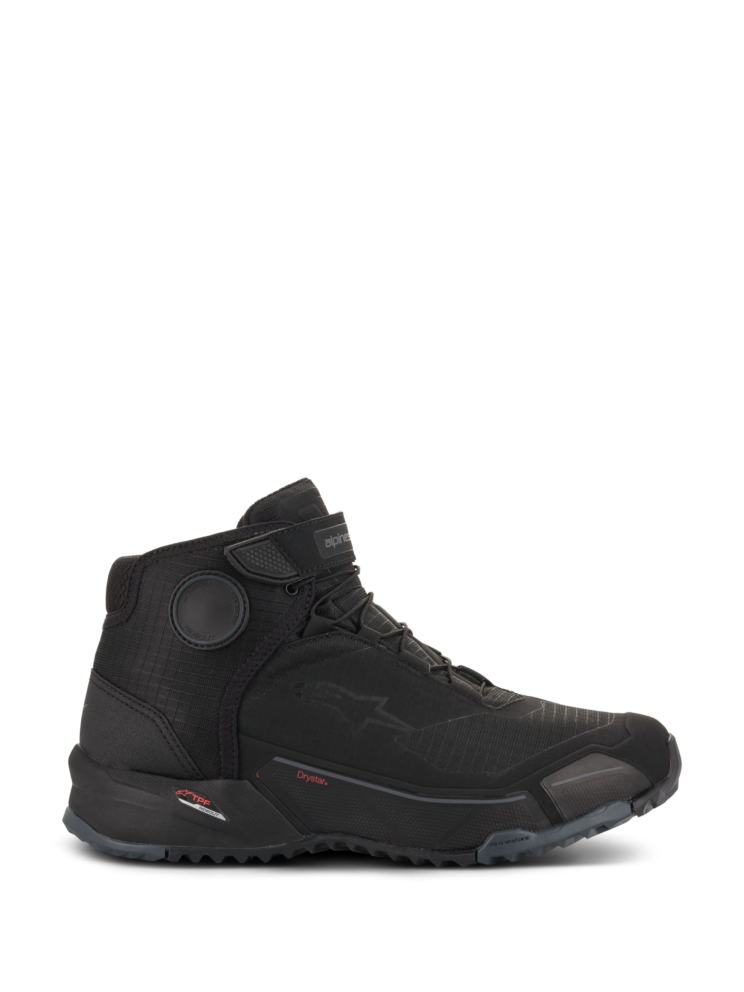 Alpinestars CR-X Drystar Riding Shoes, calzature da moto nere, vista di profilo, scarpa da guida urban impermeabile, chiusura con lacci e cinturino superiore, suola spessa in gomma testurizzata, design sportivo con marchio Alpinestars