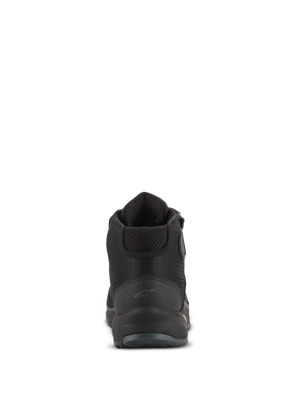 Scarpe da moto Alpinestars CR-X Drystar®, vista posteriore, nero, con un discreto logo Astars sul tallone, colletto della caviglia imbottito e contrafforte del tallone testurizzato, calzature da moto impermeabili per uso stradale e urbano