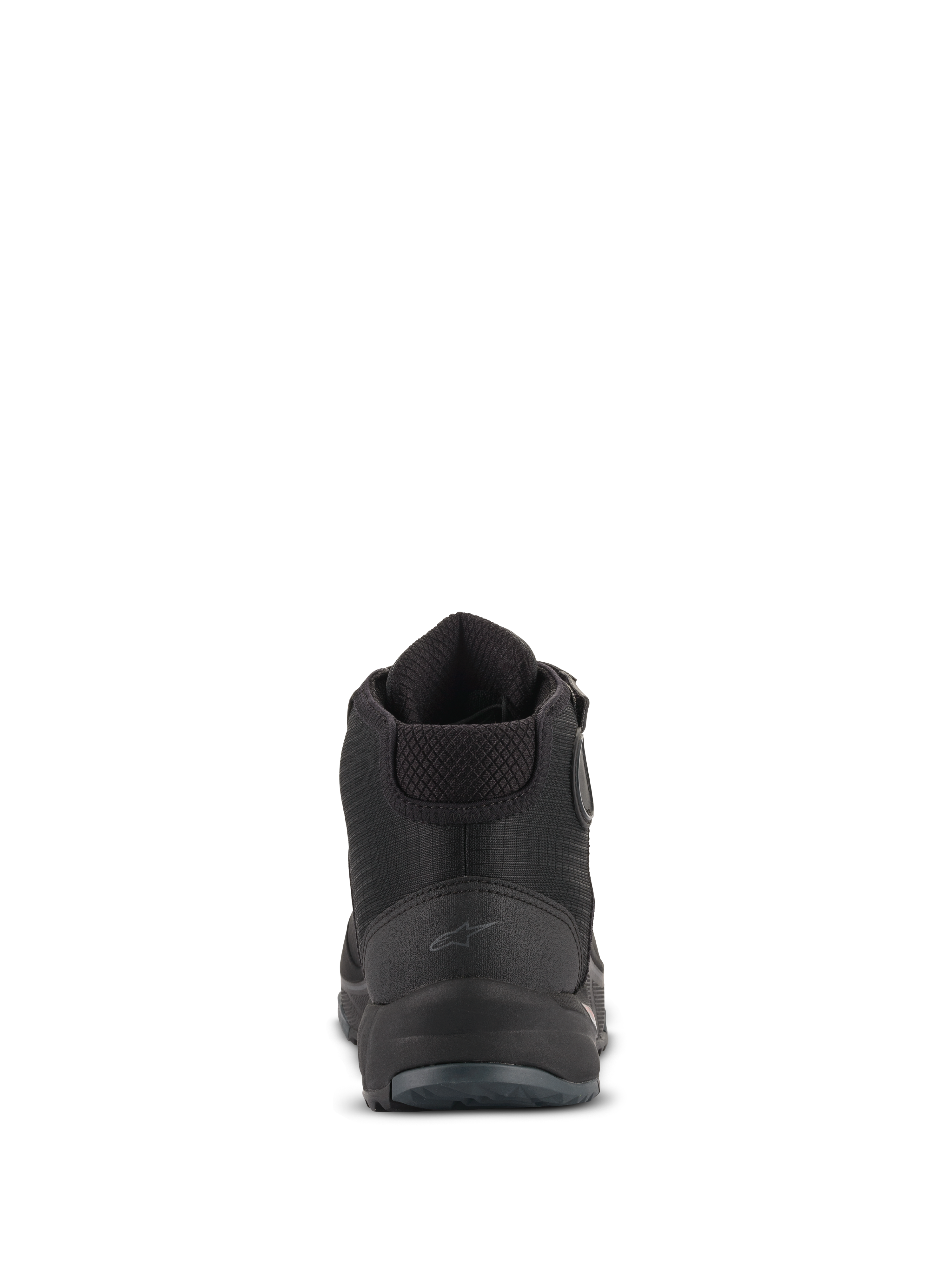 Scarpe da moto Alpinestars CR-X Drystar®, vista posteriore, nero, con un discreto logo Astars sul tallone, colletto della caviglia imbottito e contrafforte del tallone testurizzato, calzature da moto impermeabili per uso stradale e urbano