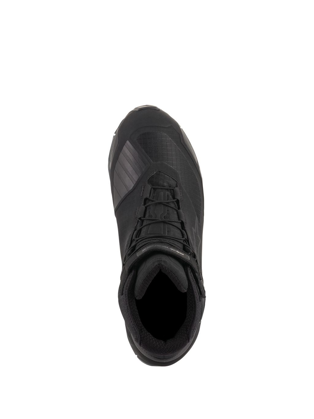 Alpinestars CR-X Drystar® Riding Shoes, nero, vista dall'alto con costruzione in tessuto tecnico, lacci integrati con cinturino alla caviglia e zona cambio protettiva in TPU, calzature da moto impermeabili progettate per il comfort di tutto il giorno