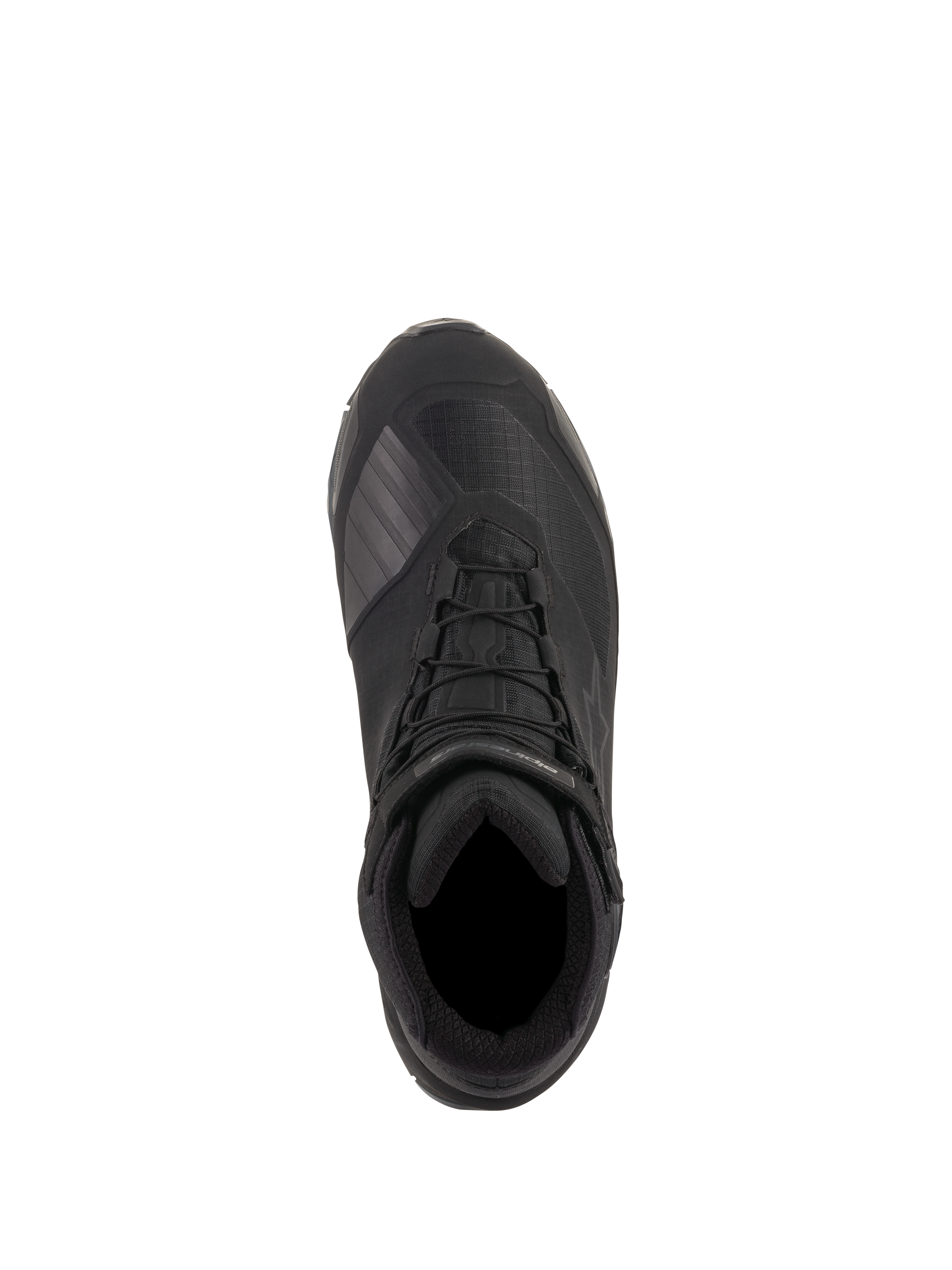 Alpinestars CR-X Drystar® Riding Shoes, nero, vista dall'alto con costruzione in tessuto tecnico, lacci integrati con cinturino alla caviglia e zona cambio protettiva in TPU, calzature da moto impermeabili progettate per il comfort di tutto il giorno
