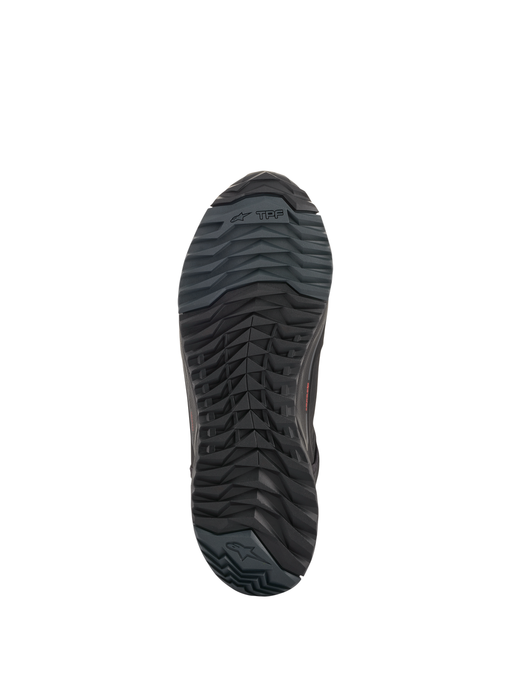 Alpinestars CR-X Drystar® Riding Shoes, scarpe da moto, nero, vista inferiore della suola che mostra la configurazione asimmetrica dei tasselli, mescola in gomma resistente all'olio e logo Alpinestars