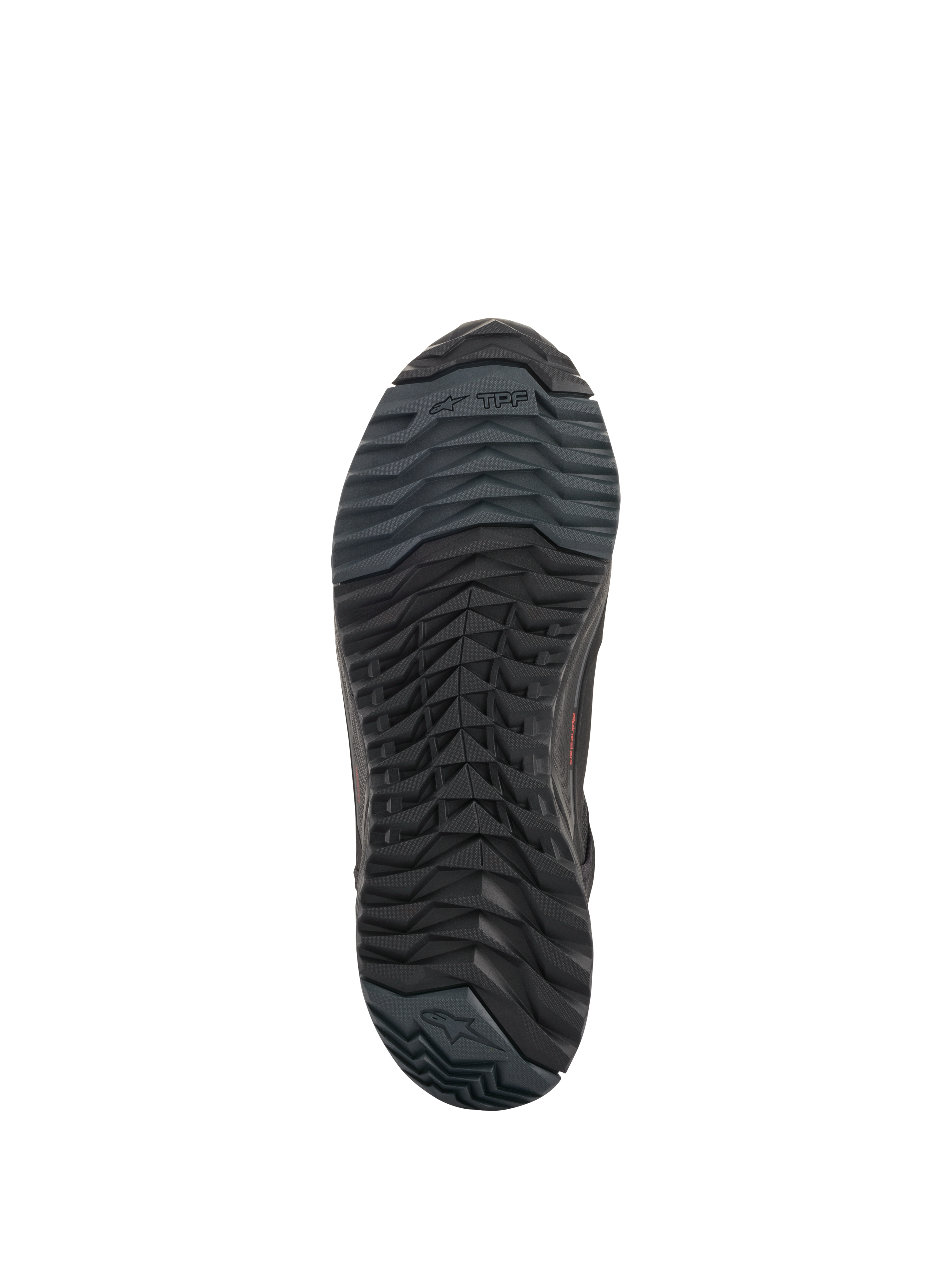 Alpinestars CR-X Drystar® Riding Shoes, scarpe da moto, nero, vista inferiore della suola che mostra la configurazione asimmetrica dei tasselli, mescola in gomma resistente all'olio e logo Alpinestars